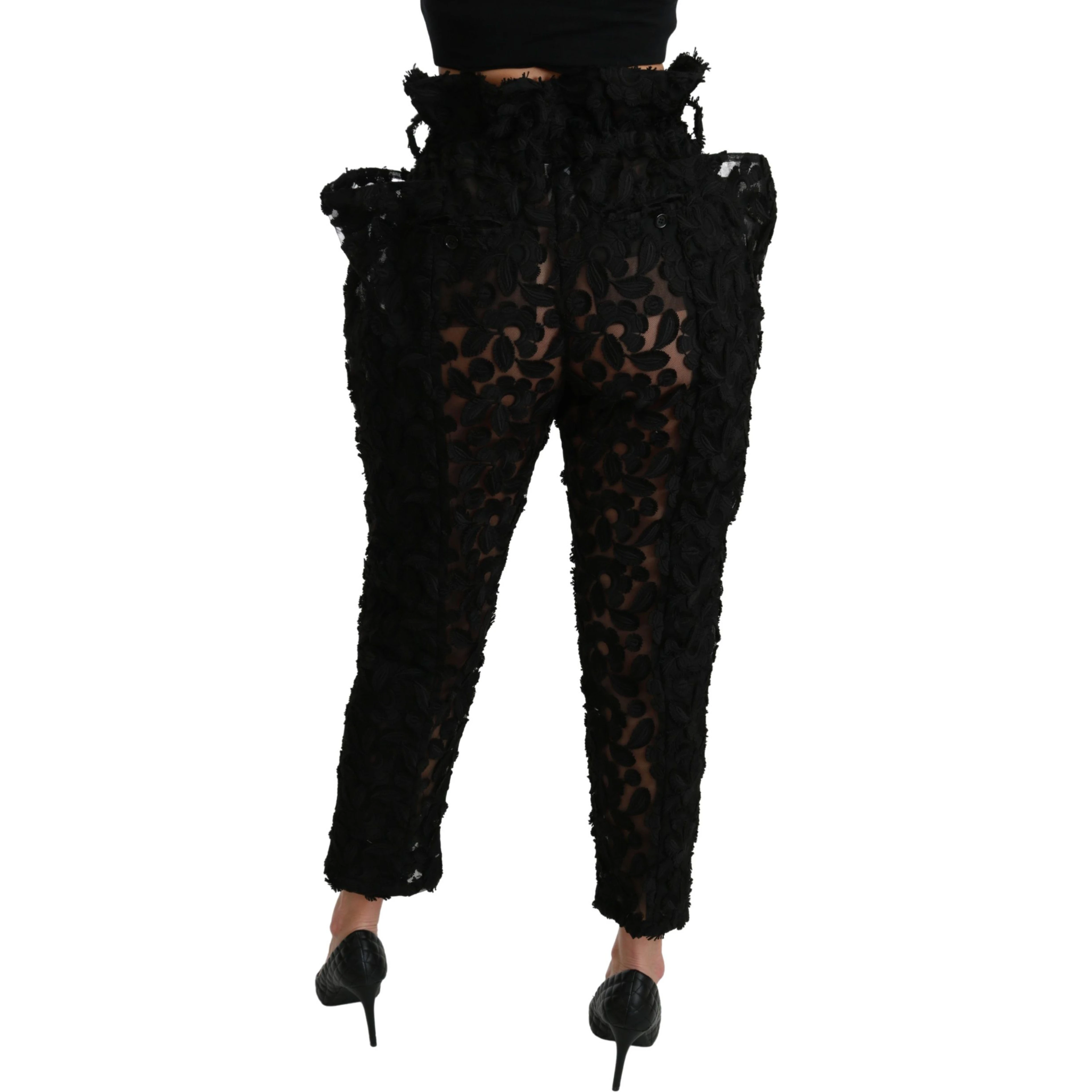 Black Floral Lace Tapered High Waist Pants