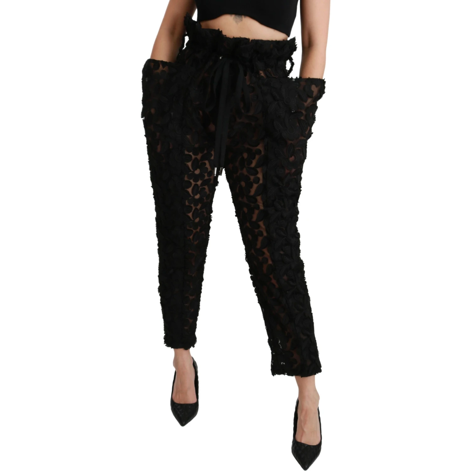 Black Floral Lace Tapered High Waist Pants