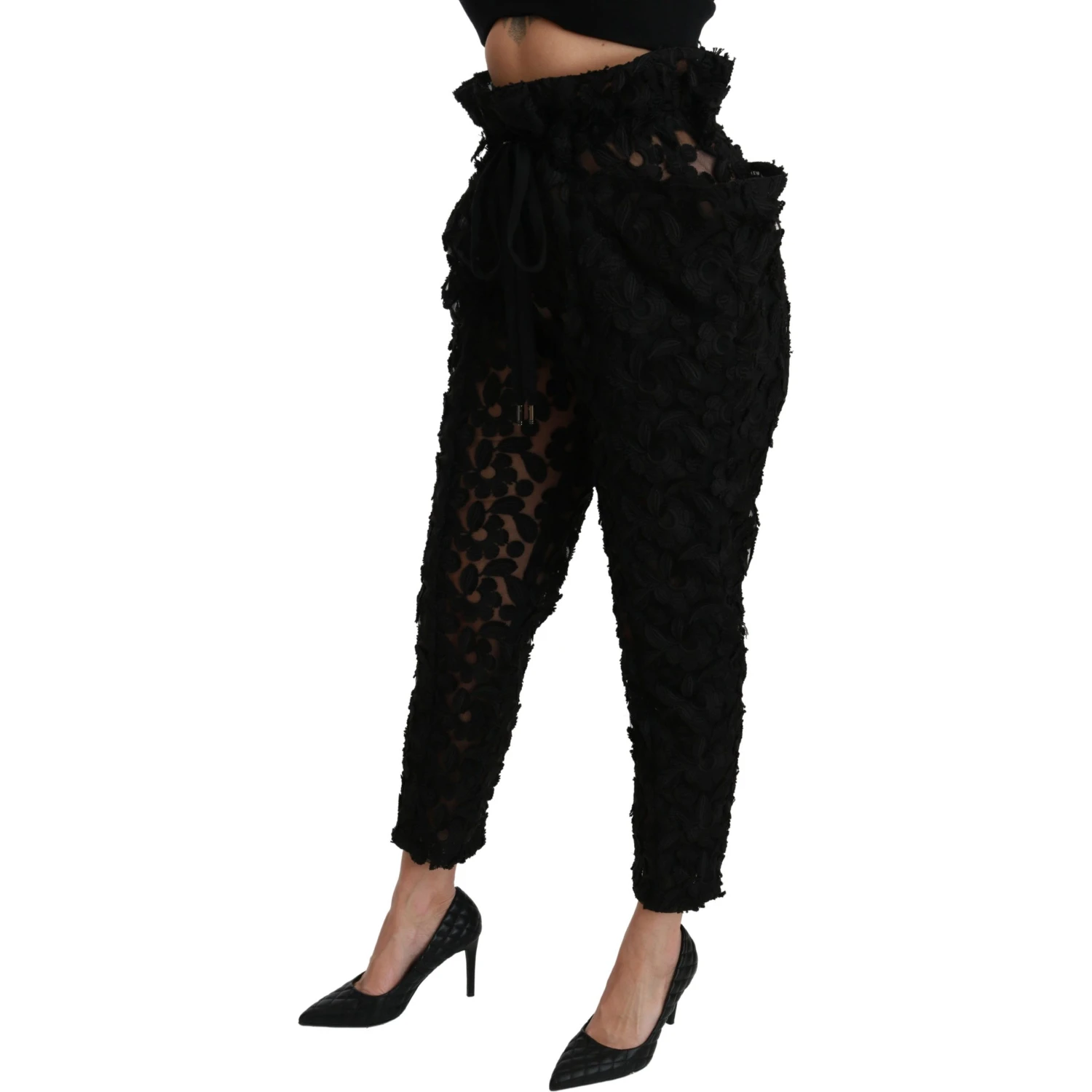 Black Floral Lace Tapered High Waist Pants