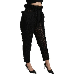 Black Floral Lace Tapered High Waist Pants