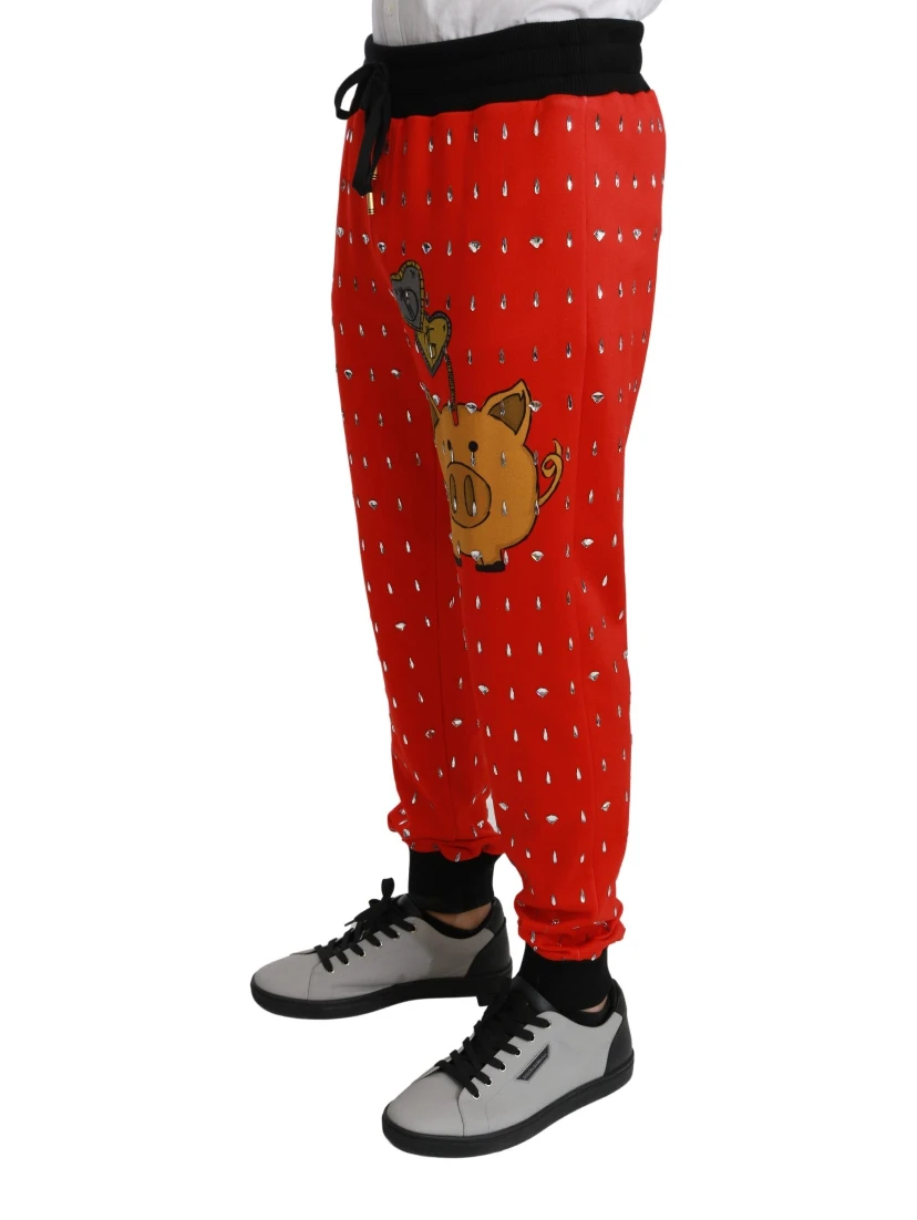 Red Piggy Bank Cotton Crystal Trousers Pants
