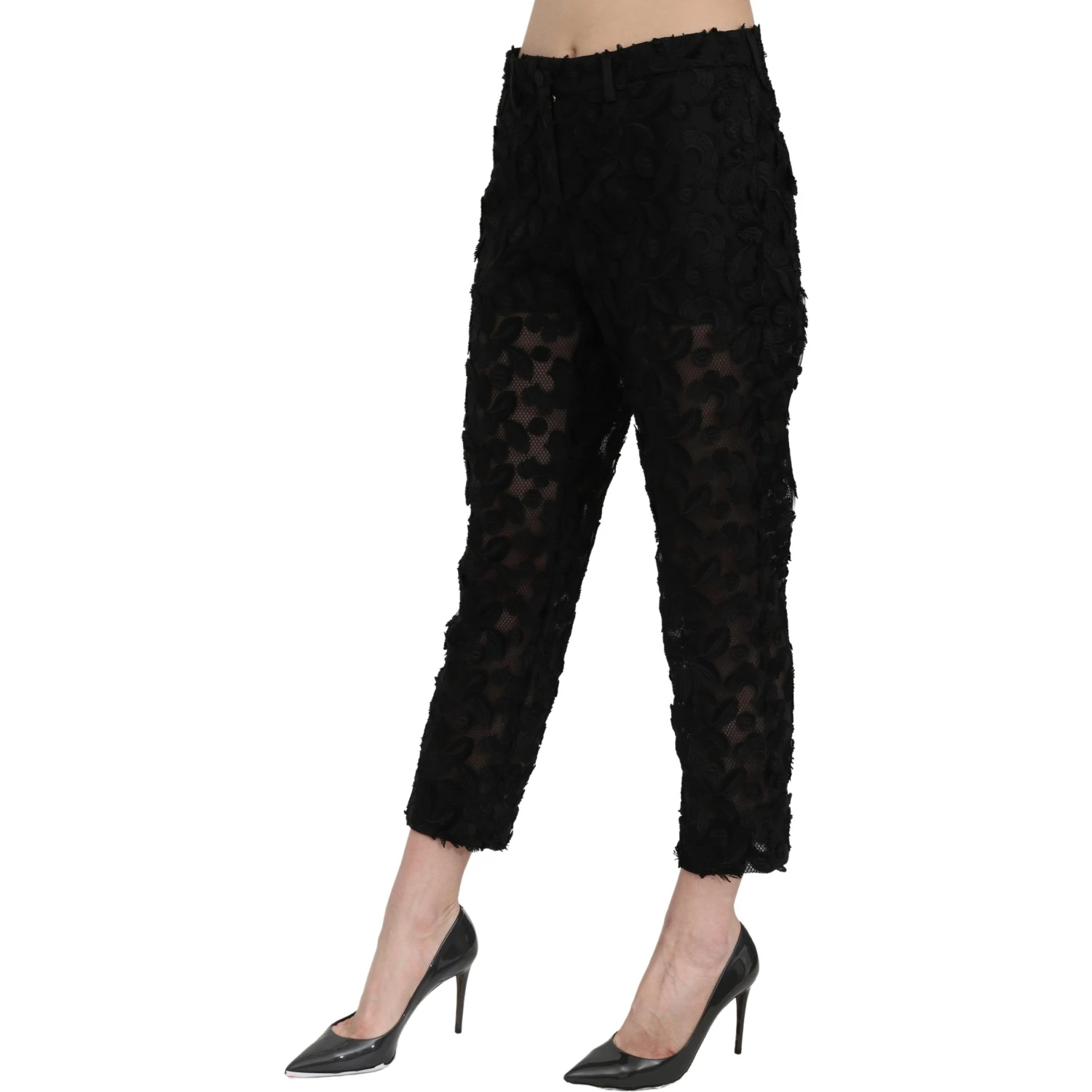 Black Lace Straight Cropped High Waist Pants