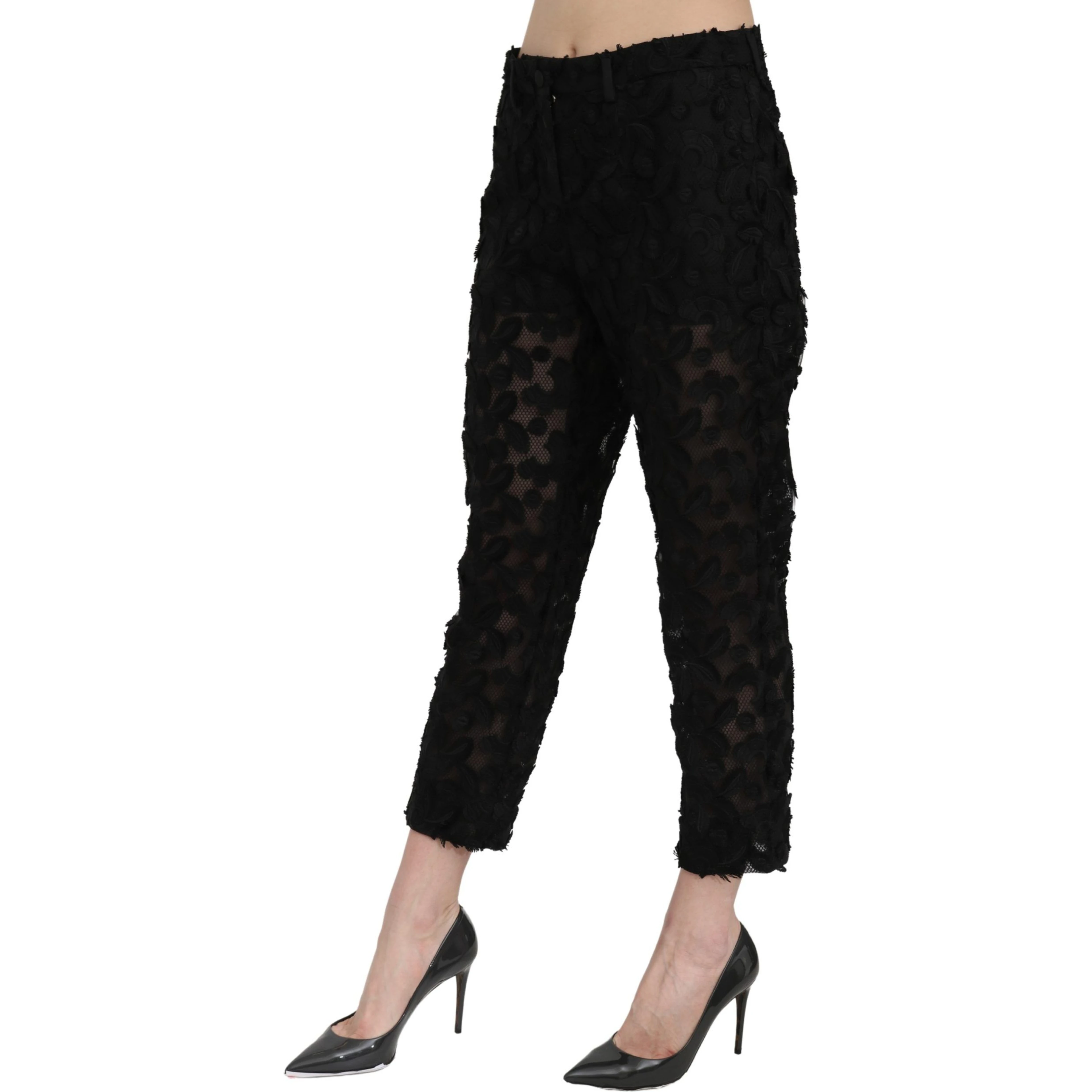 Black Lace Straight Cropped High Waist Pants