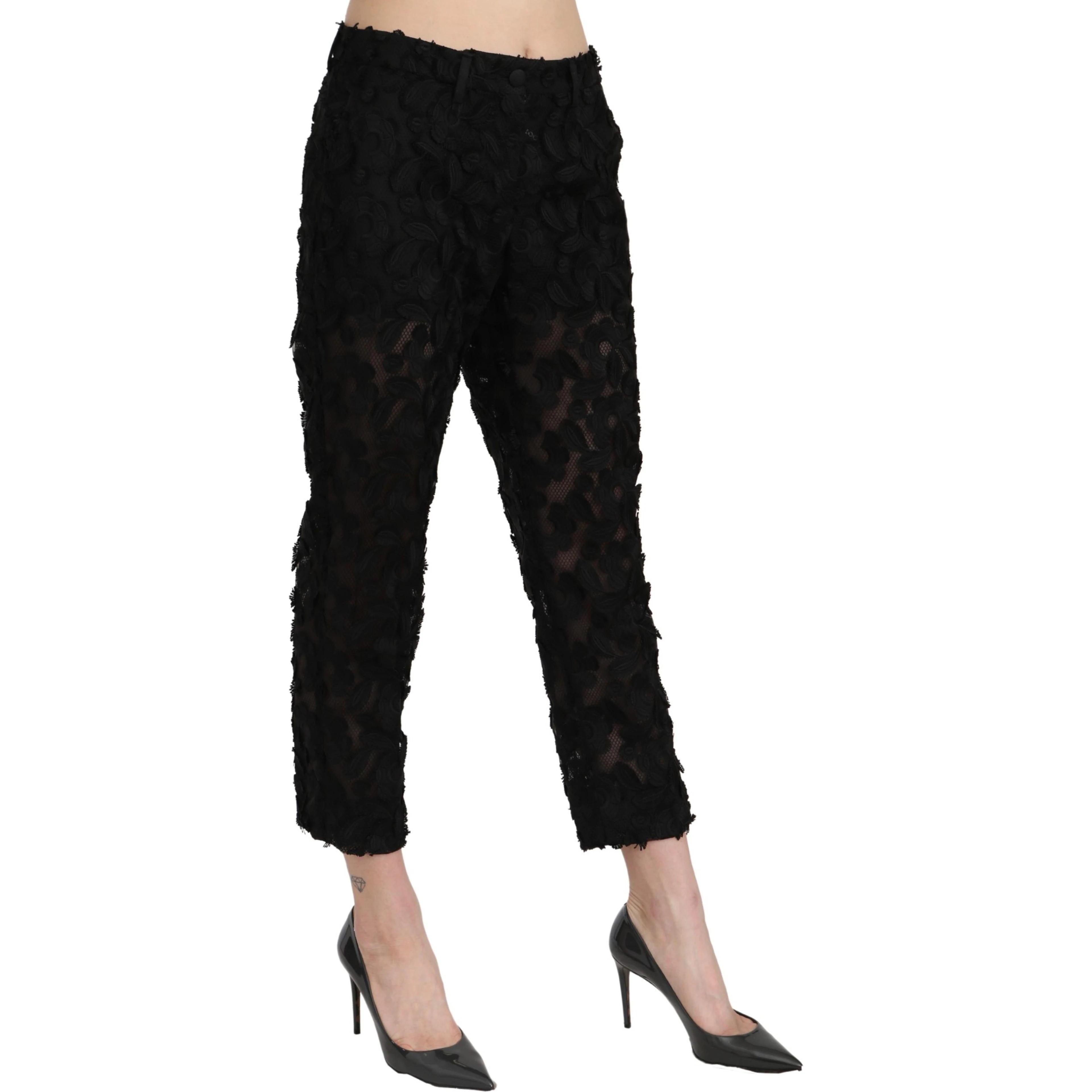 Black Lace Straight Cropped High Waist Pants