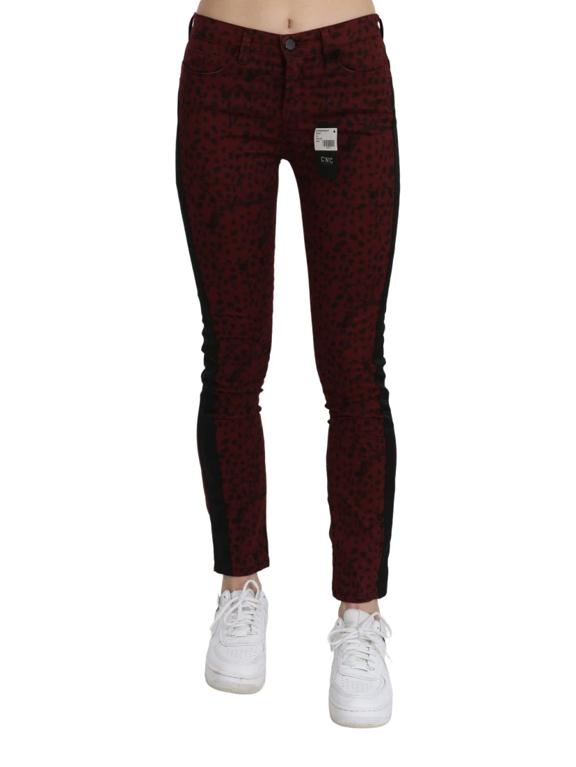 Dark Red Mid Waist Slim Fit Cotton Jeans