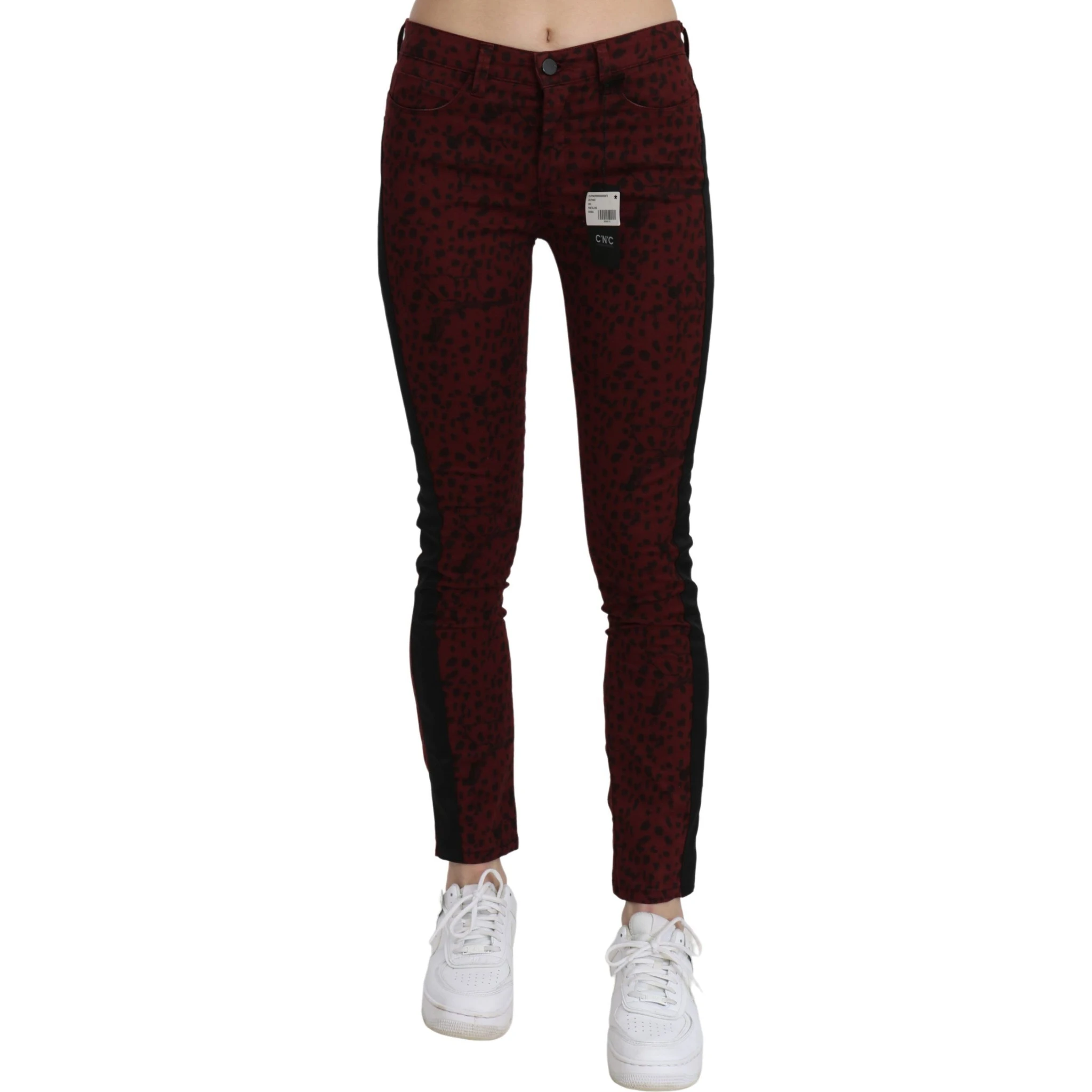 Dark Red Mid Waist Slim Fit Cotton Jeans