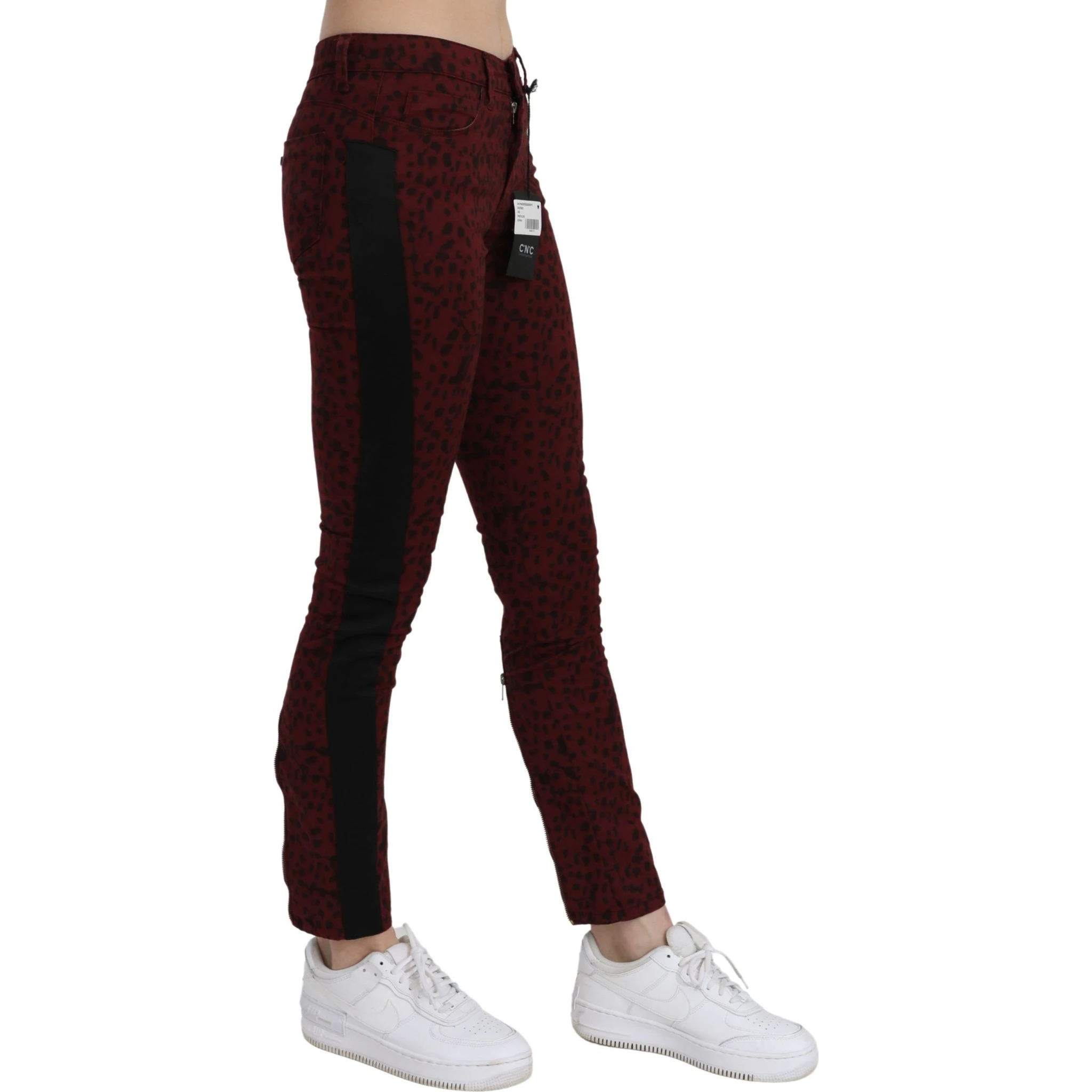 Dark Red Mid Waist Slim Fit Cotton Jeans