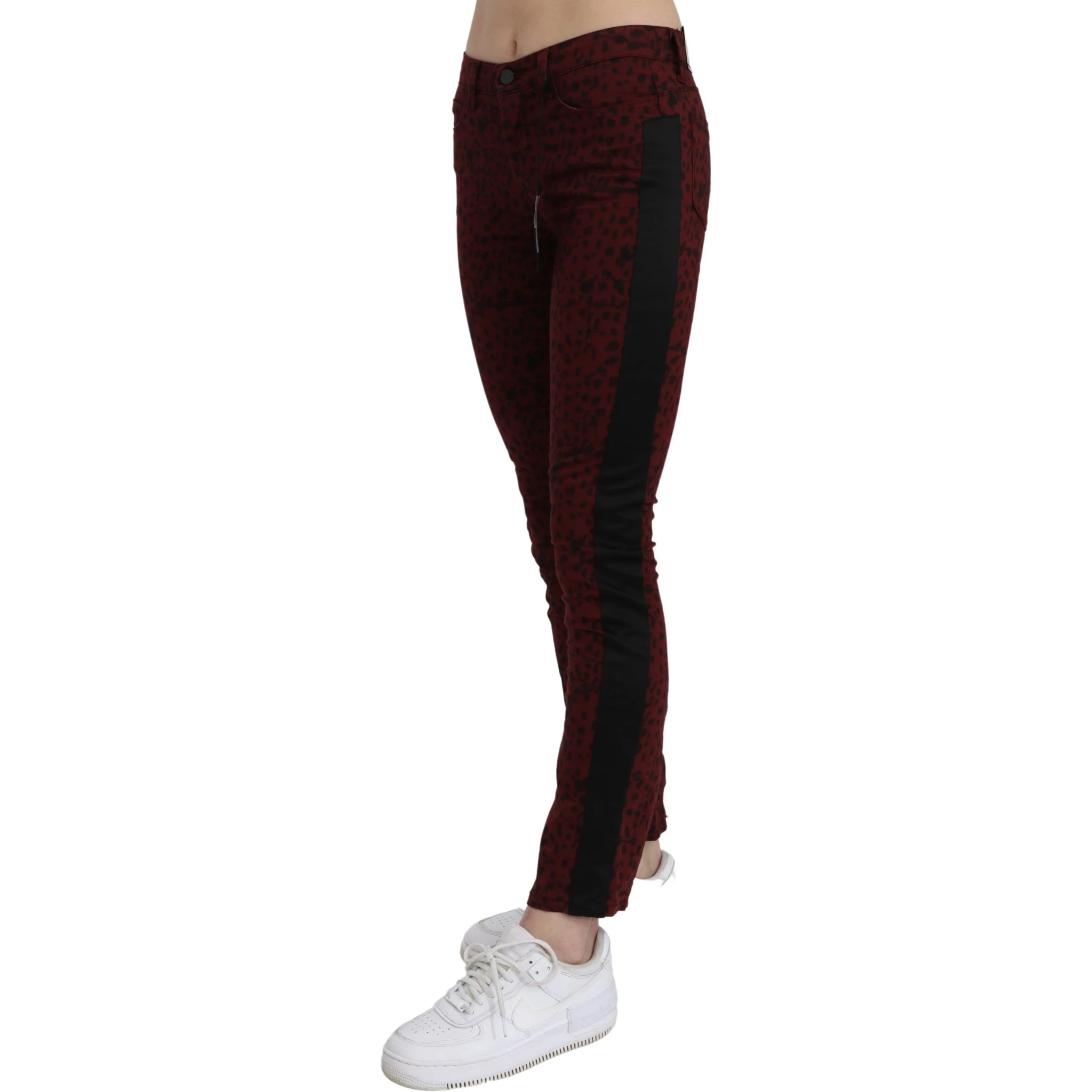 Dark Red Mid Waist Slim Fit Cotton Jeans