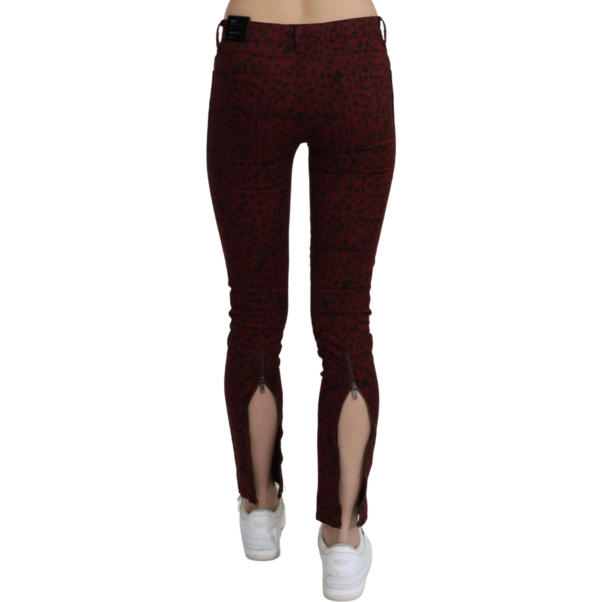 Dark Red Mid Waist Slim Fit Cotton Jeans