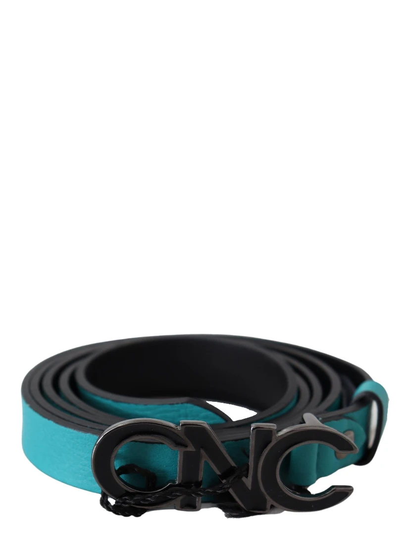 Blue Green Leather Logo Silver Buckle Belt