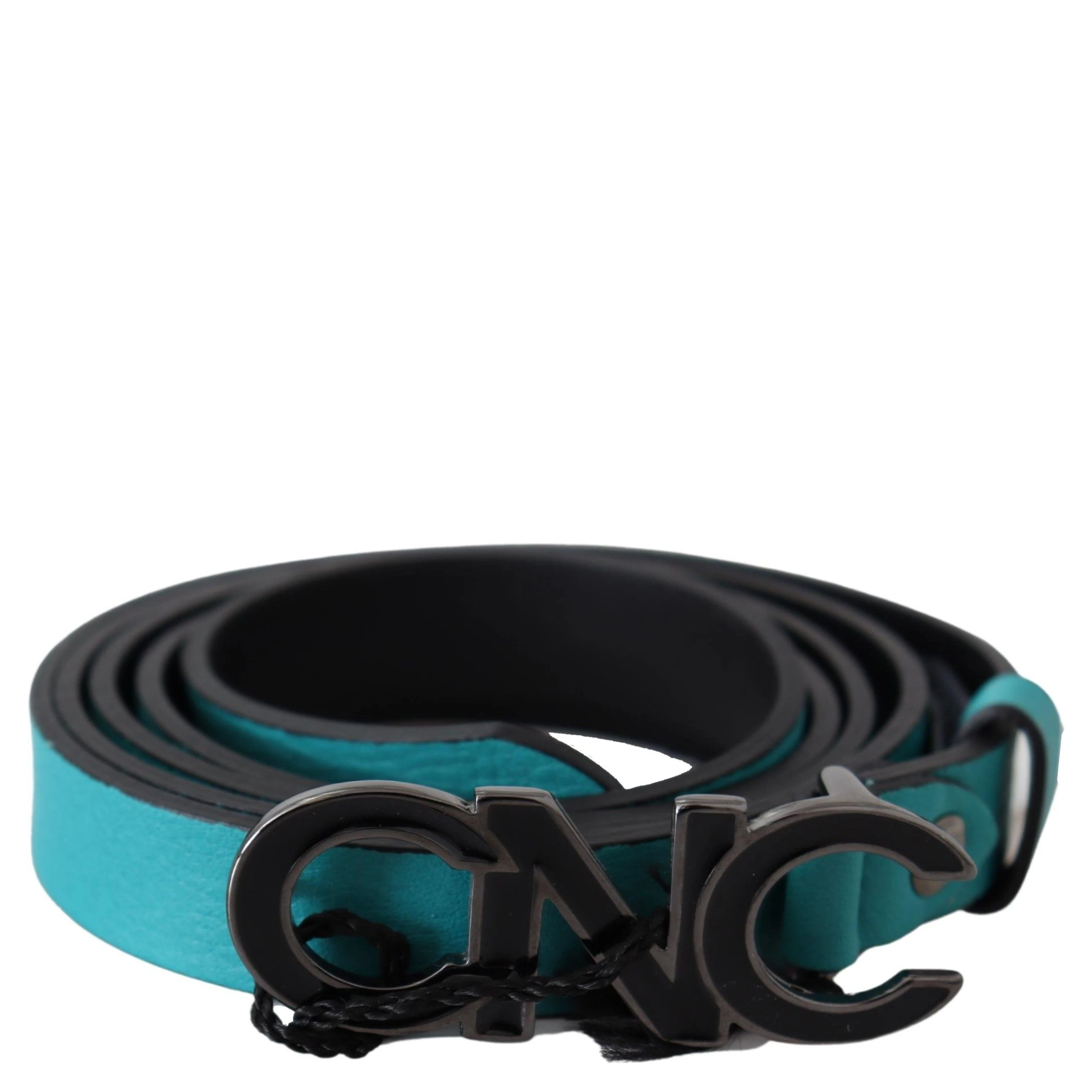 Blue Green Leather Logo Silver Buckle Belt