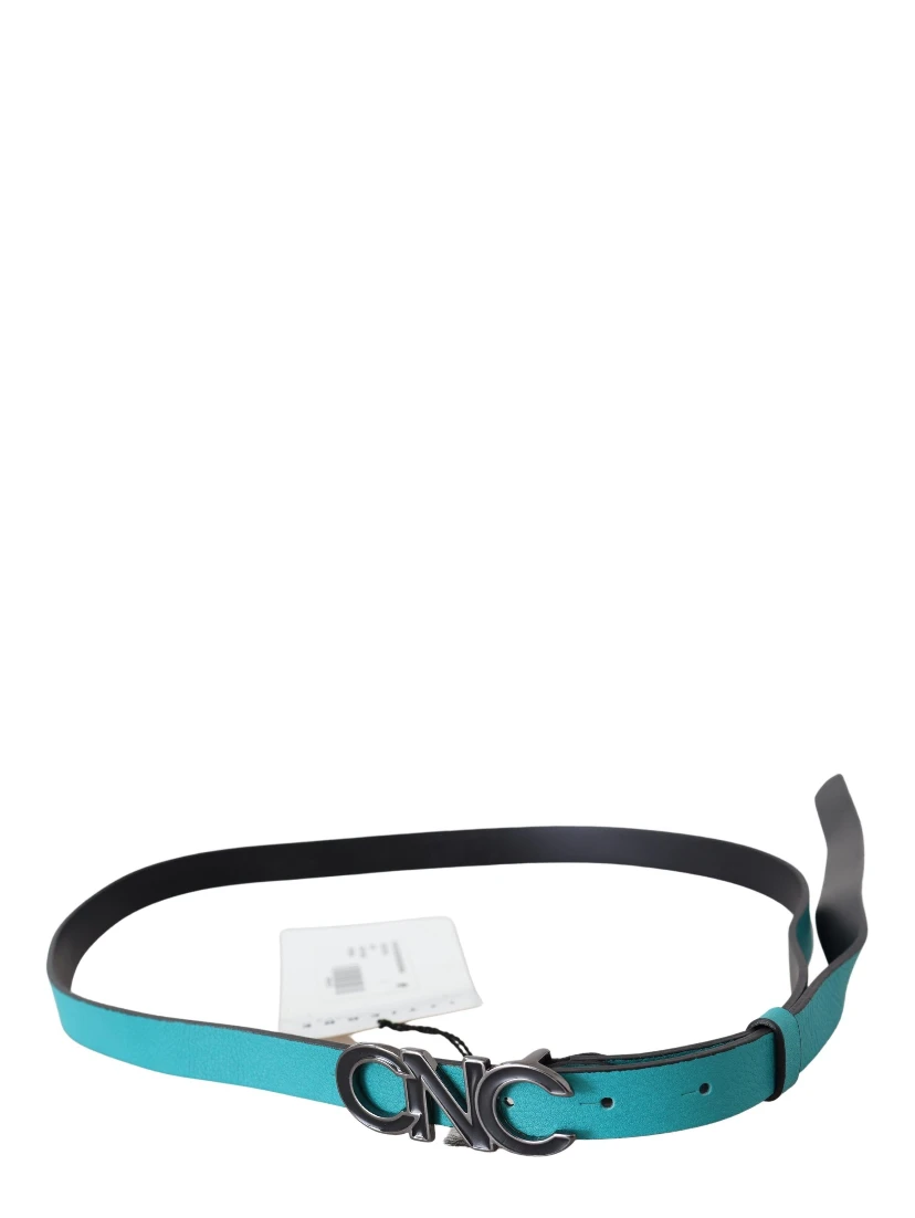 Blue Green Leather Logo Silver Buckle Belt