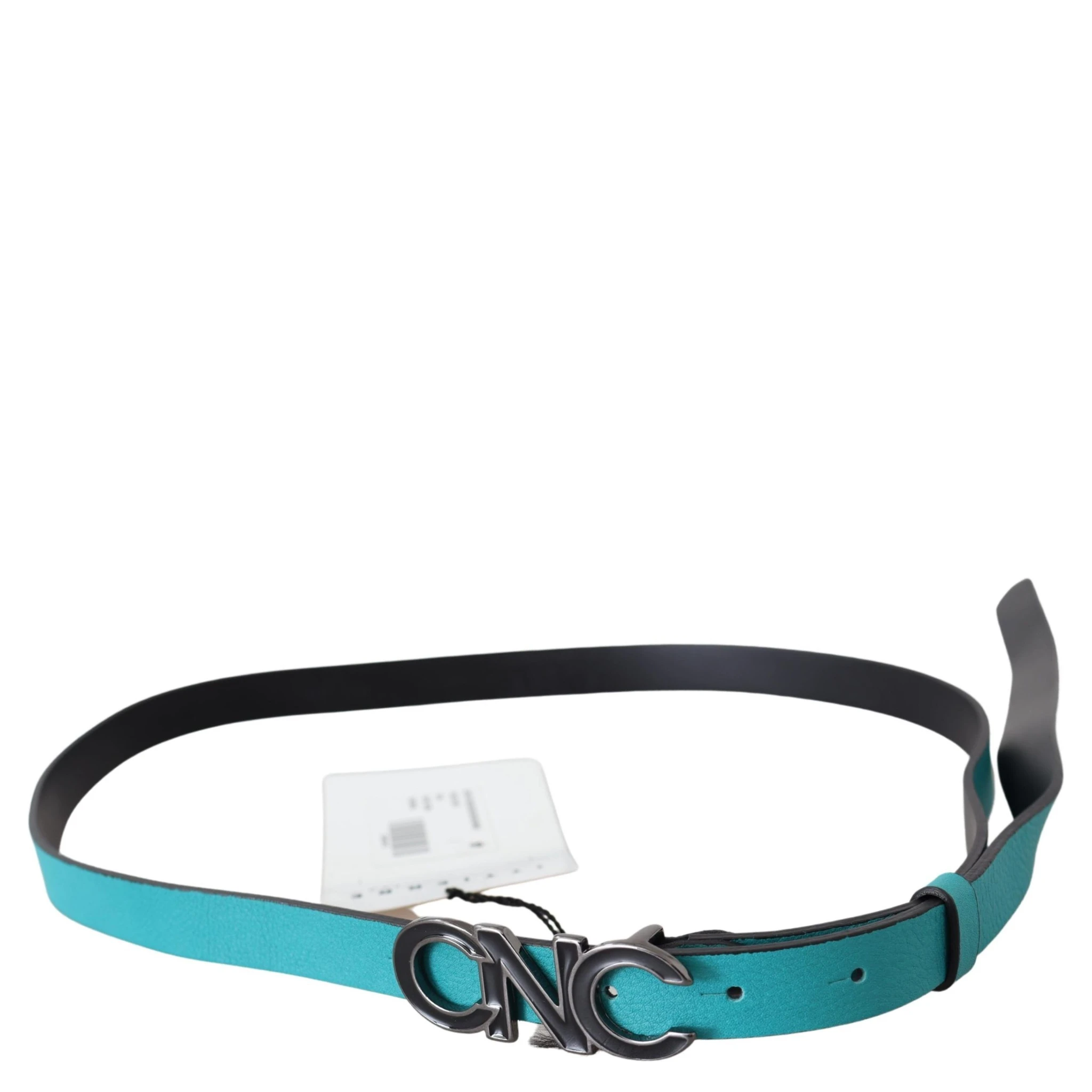 Blue Green Leather Logo Silver Buckle Belt
