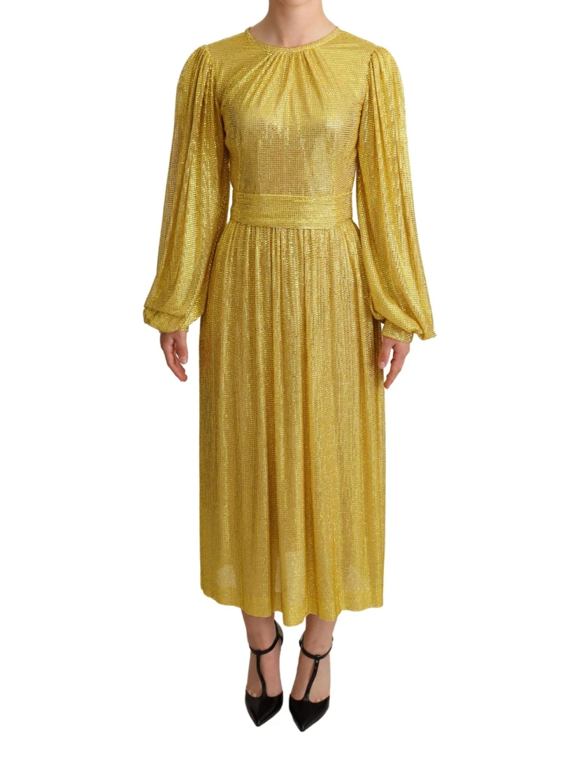Yellow Crystal Mesh Pleated Maxi Dress
