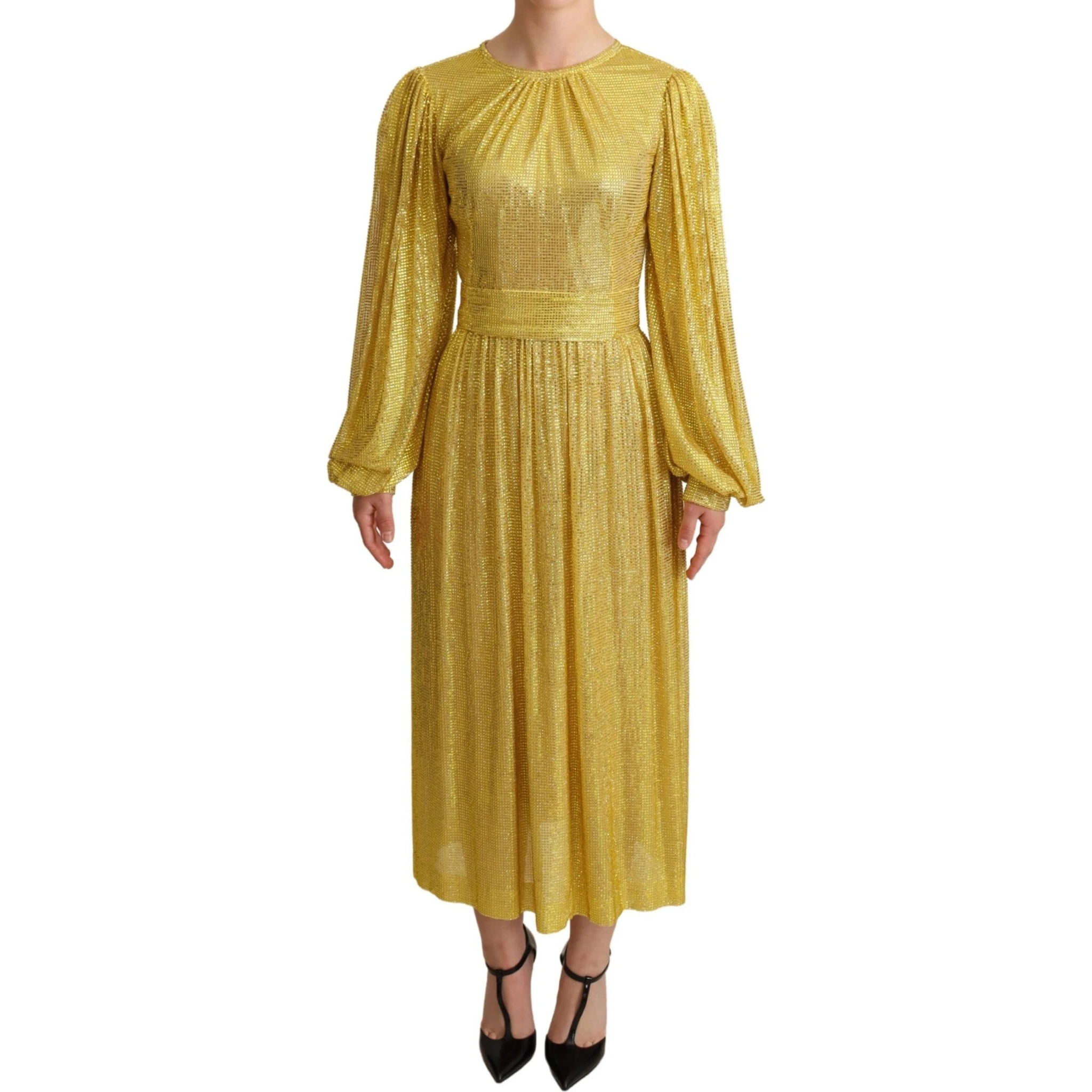 Yellow Crystal Mesh Pleated Maxi Dress