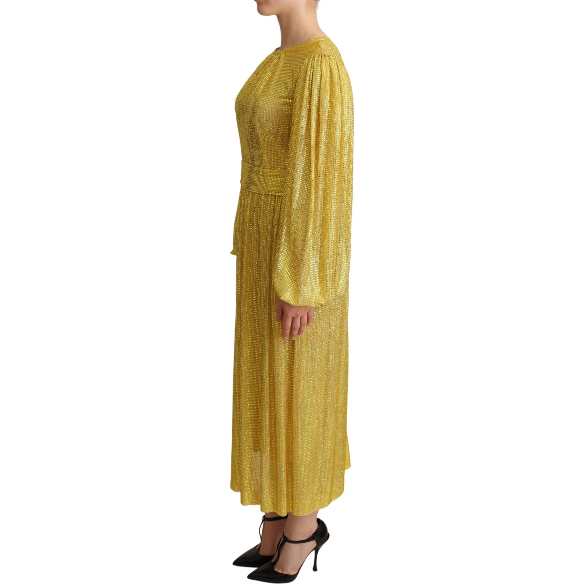 Yellow Crystal Mesh Pleated Maxi Dress