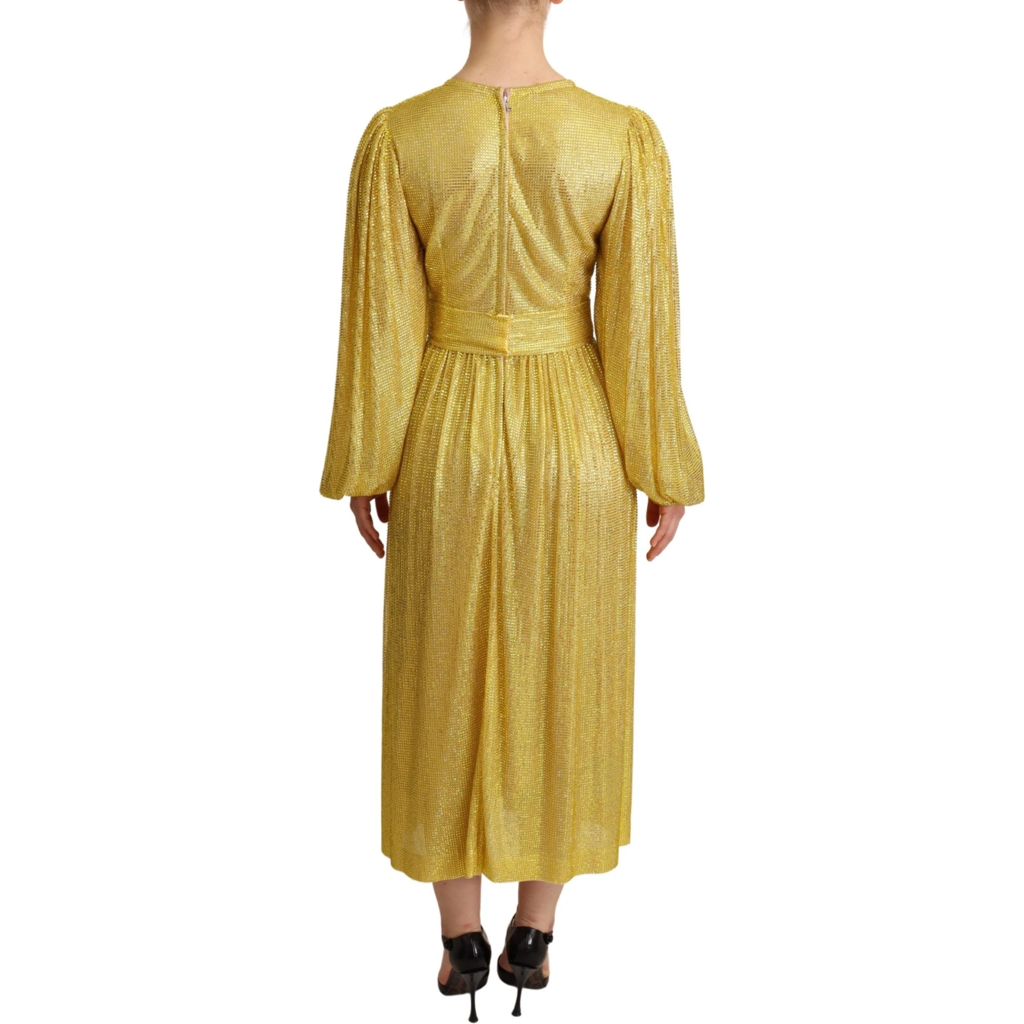 Yellow Crystal Mesh Pleated Maxi Dress