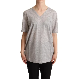 Gray Solid 100% Cotton V-neck Top T-shirt