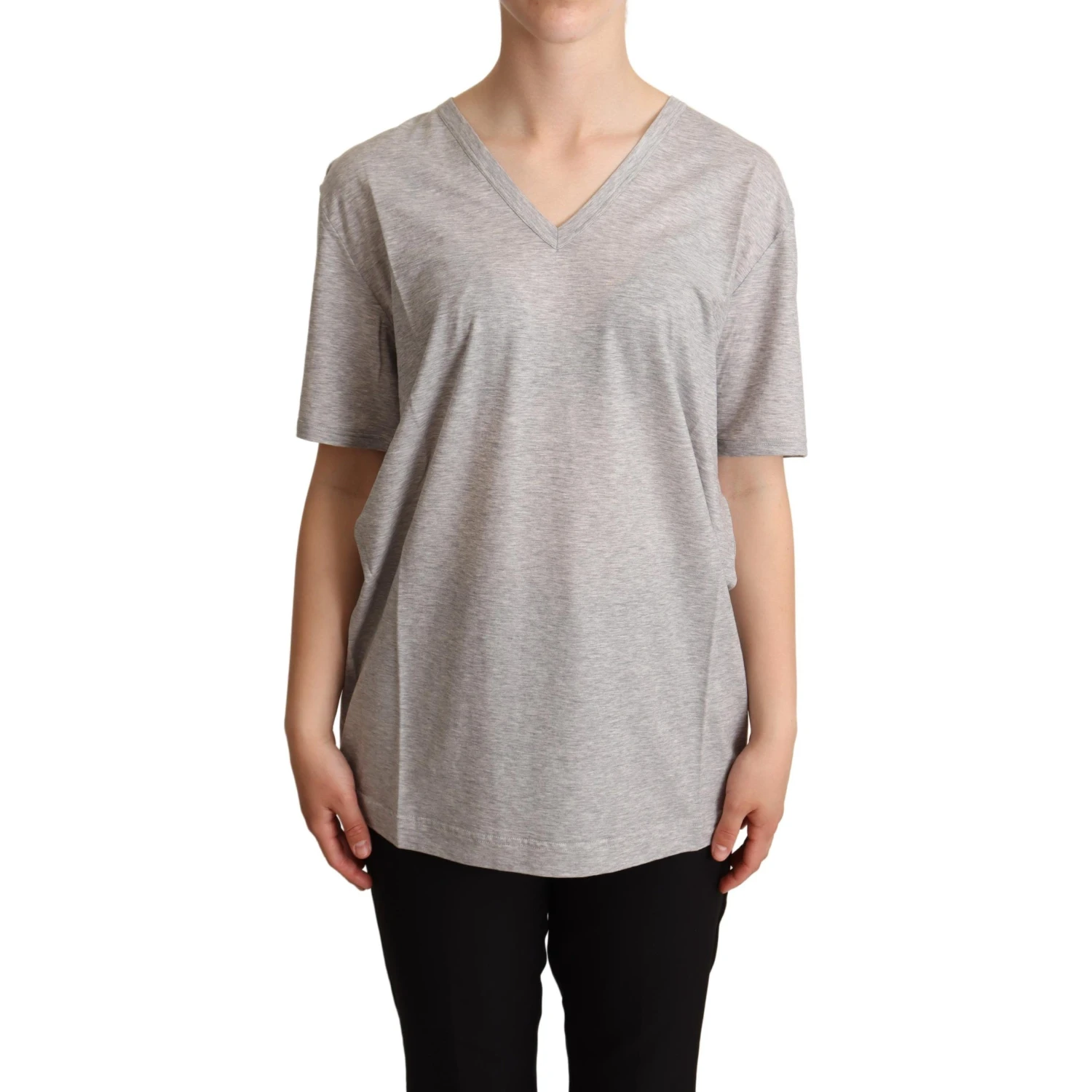 Gray Solid 100% Cotton V-neck Top T-shirt