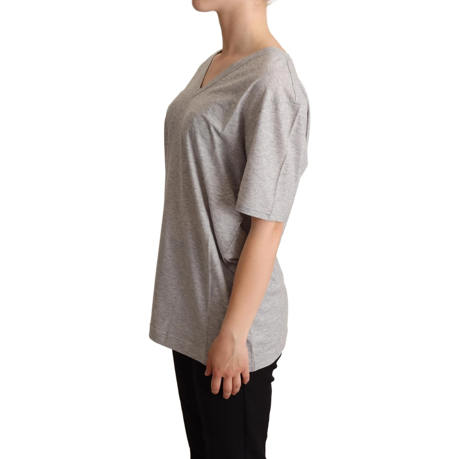 Gray Solid 100% Cotton V-neck Top T-shirt