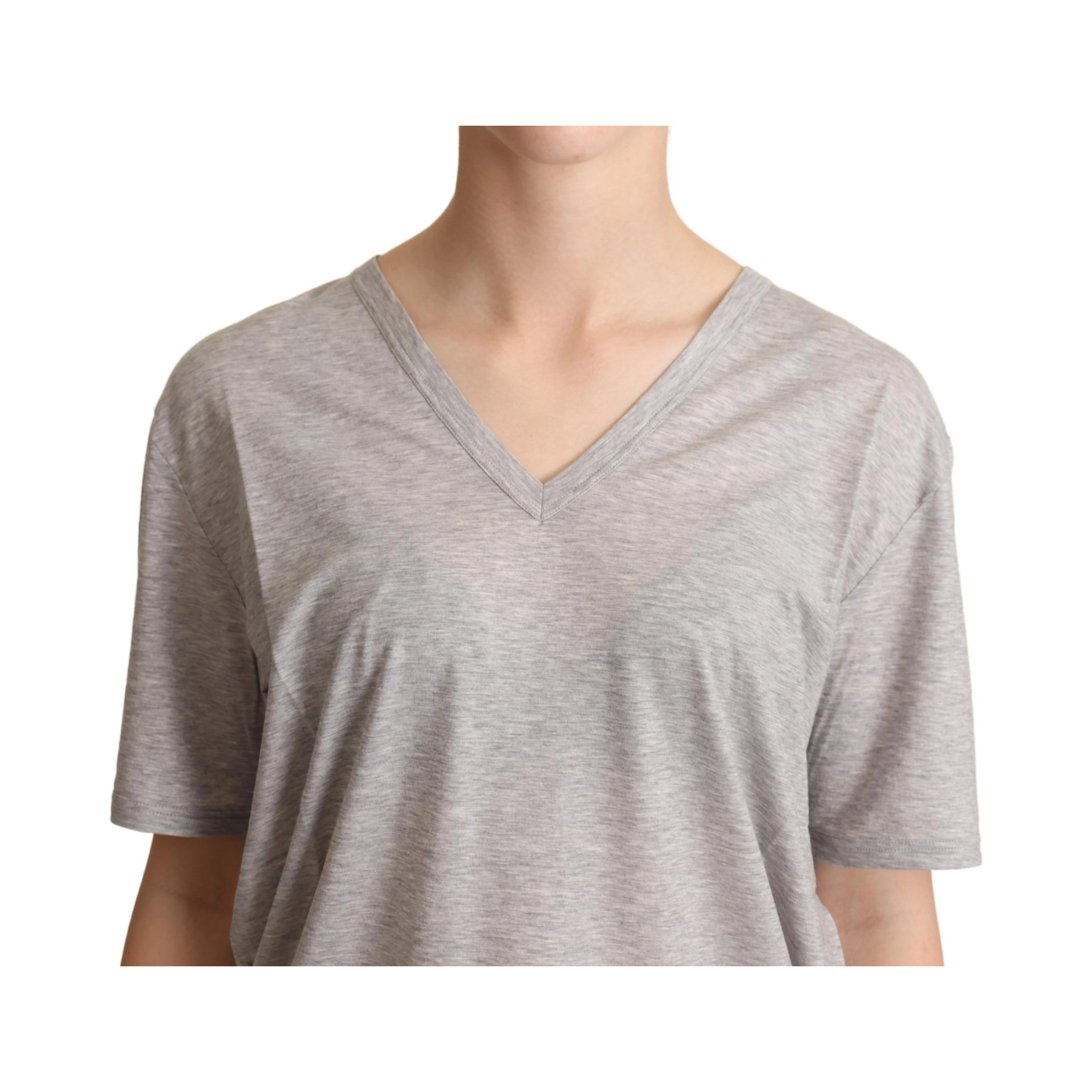 Gray Solid 100% Cotton V-neck Top T-shirt