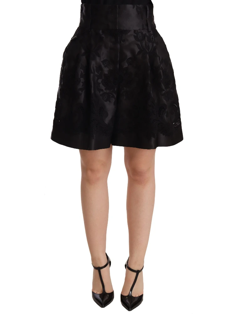 Black Floral Brocade High Waist Mini Shorts