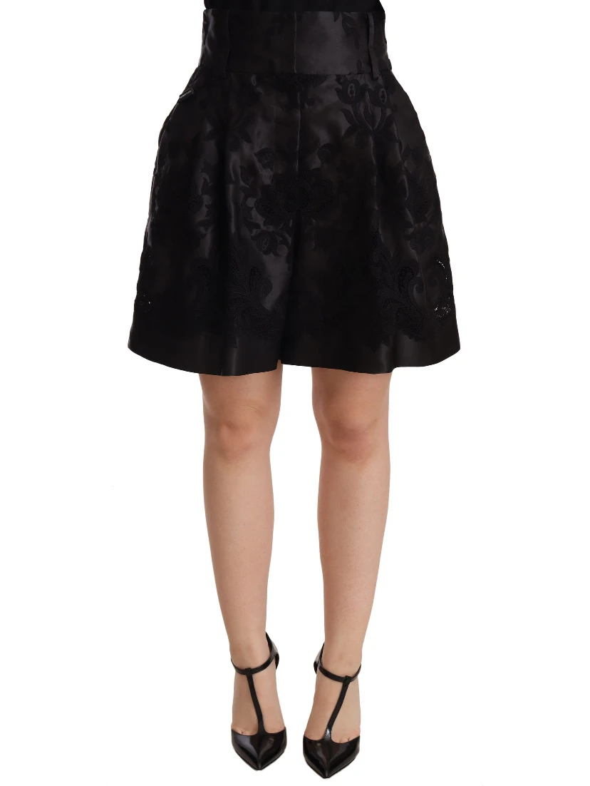 Black Floral Brocade High Waist Mini Shorts
