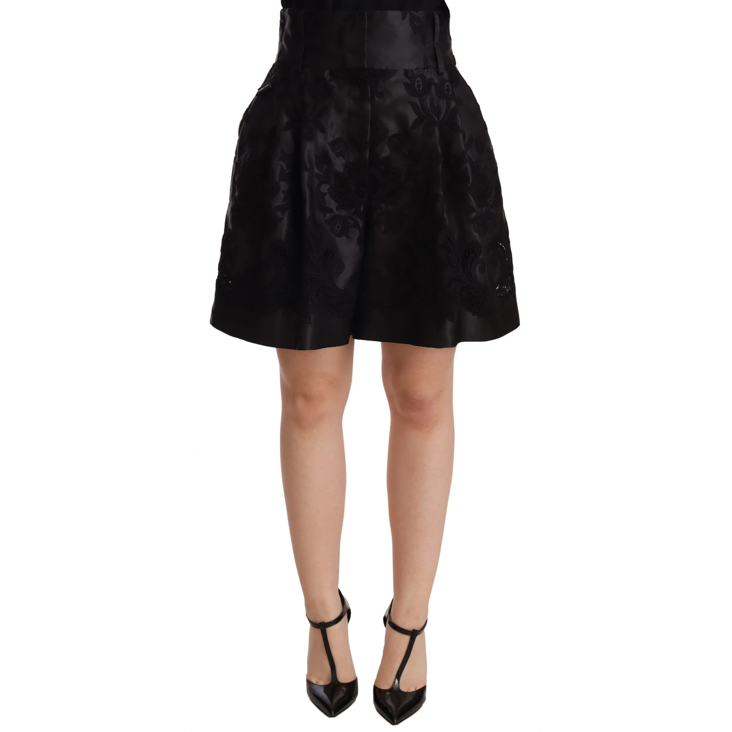 Black Floral Brocade High Waist Mini Shorts