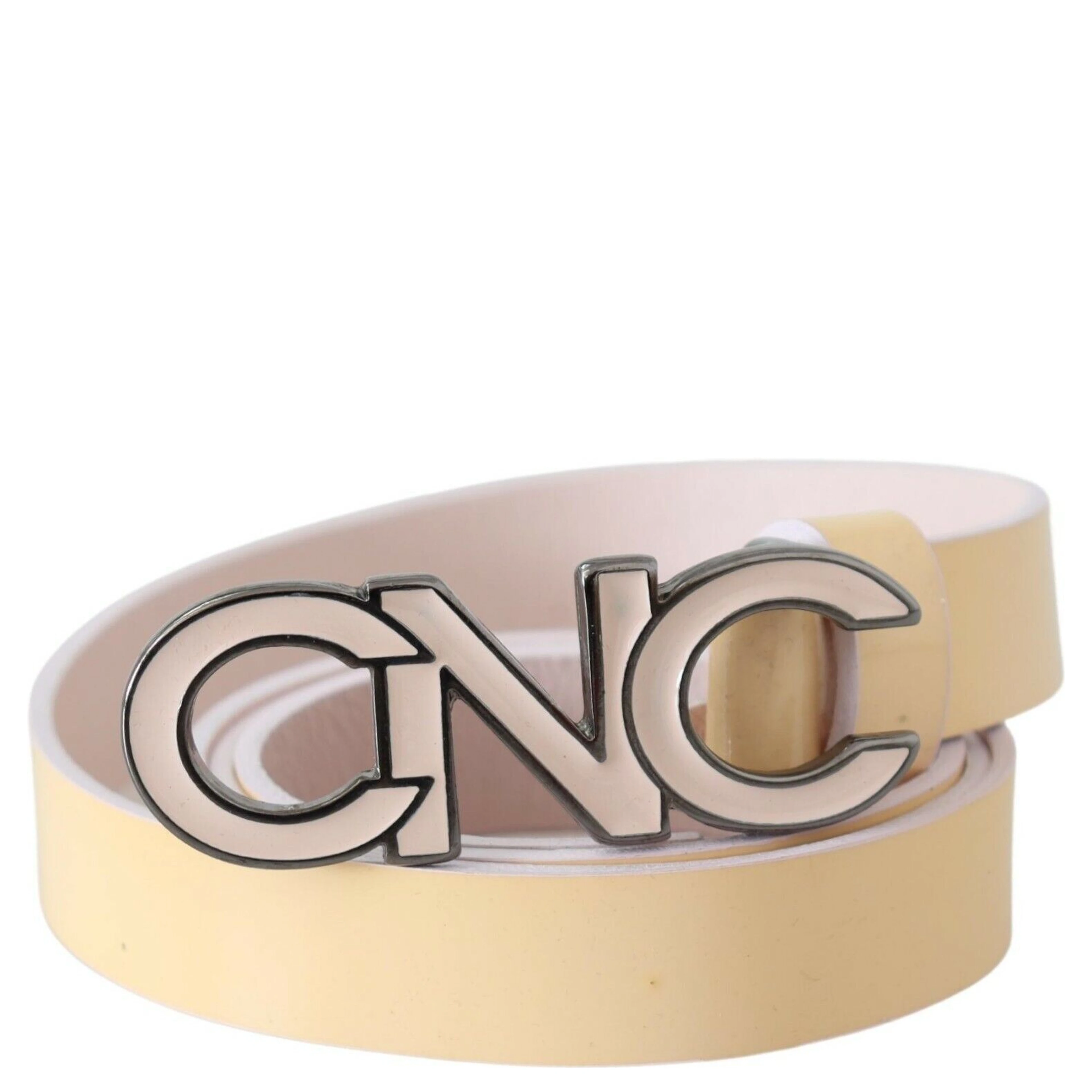 Beige Leather Pink Letter Logo Belt
