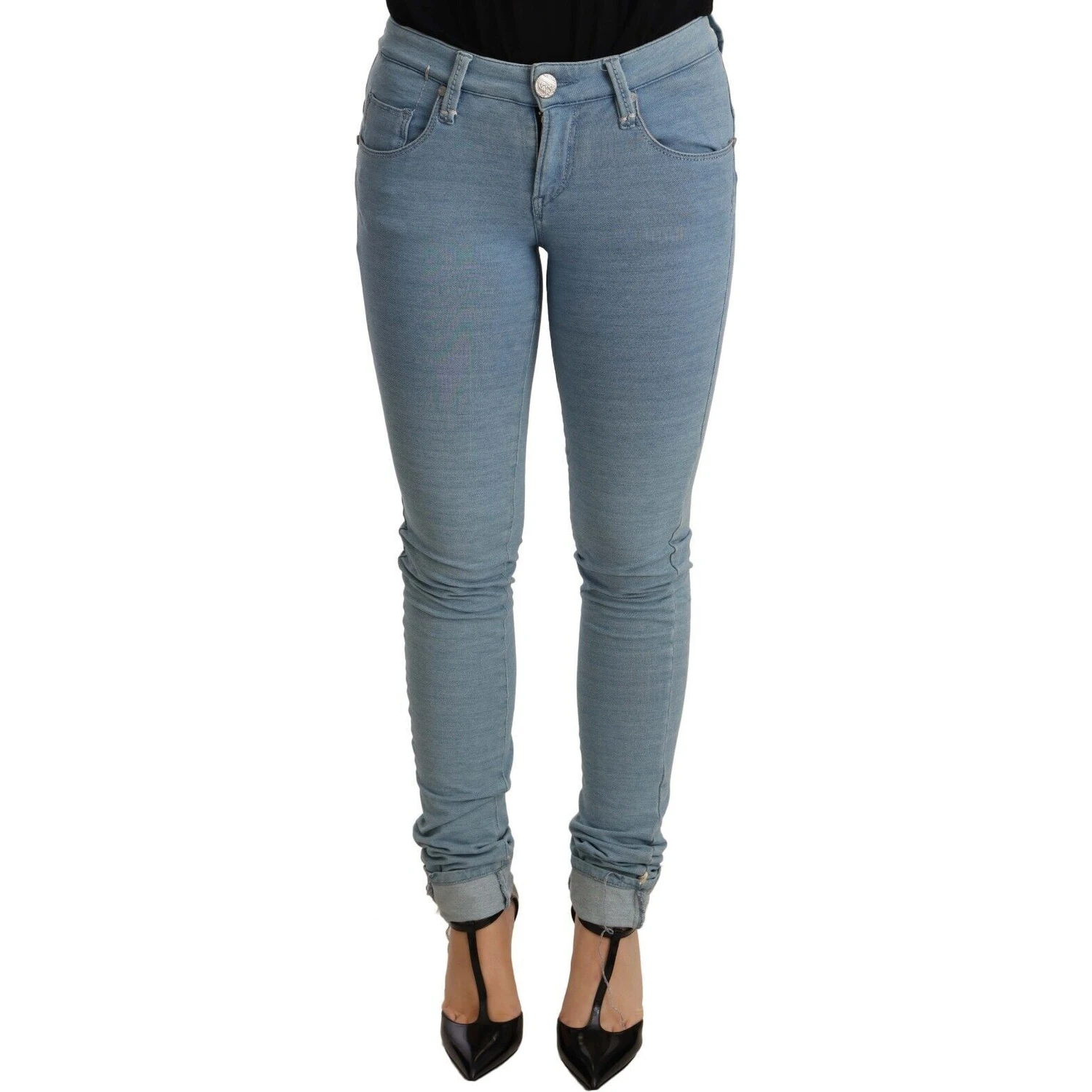 Blue Cotton Stretch Hem Slim Fit Women Denim Trouser