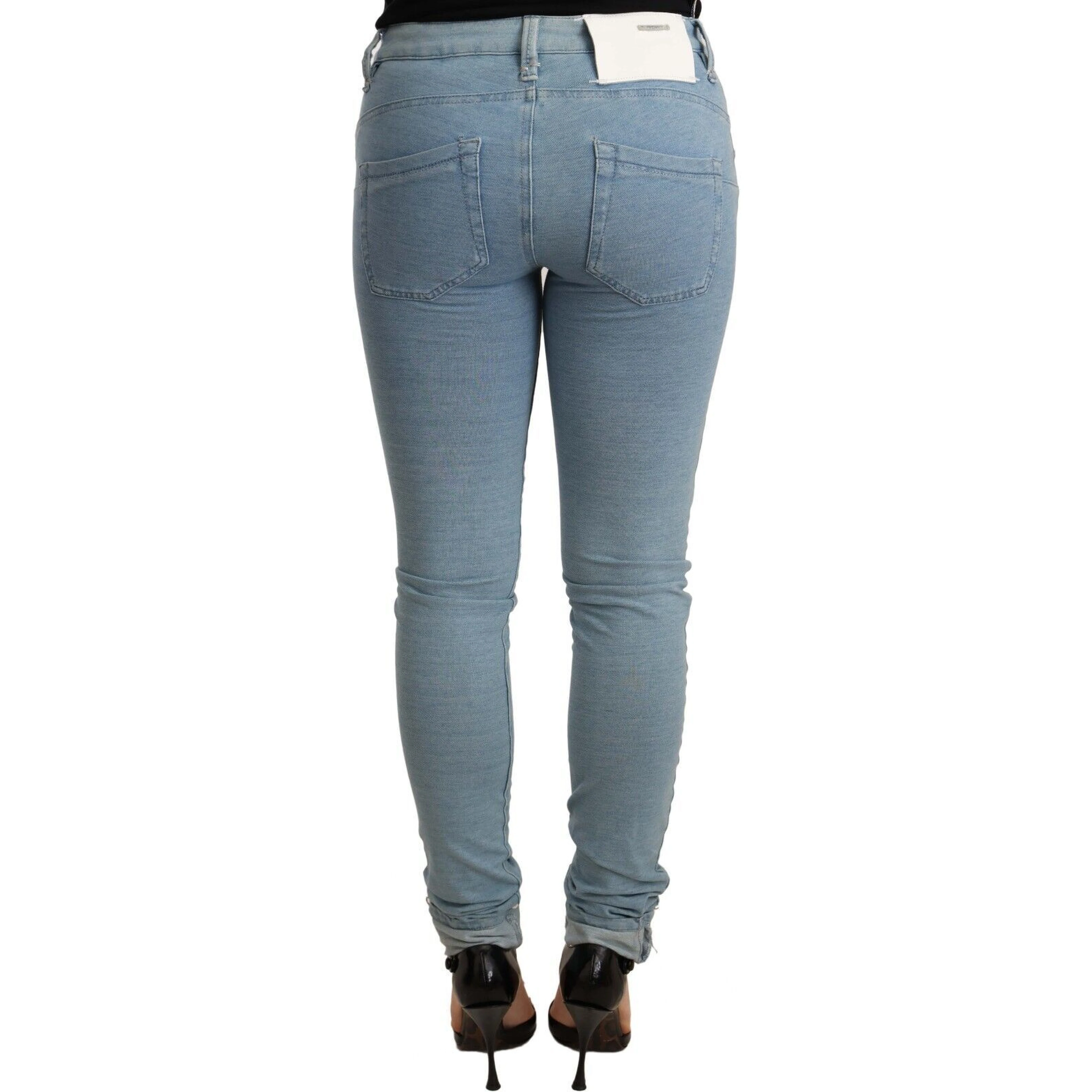 Blue Cotton Stretch Hem Slim Fit Women Denim Trouser