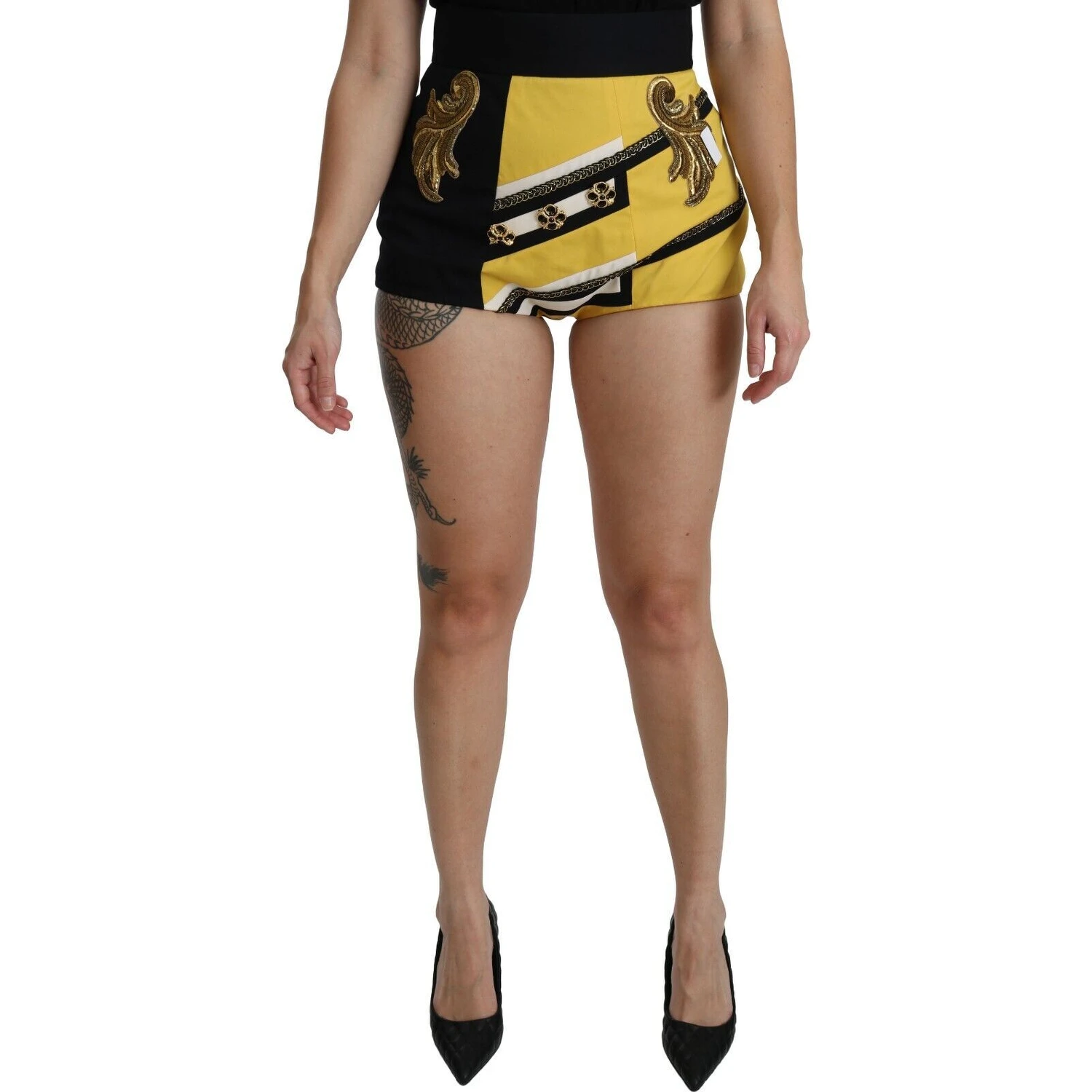 Yellow Black Cotton Jewelled Hot Pants Shorts