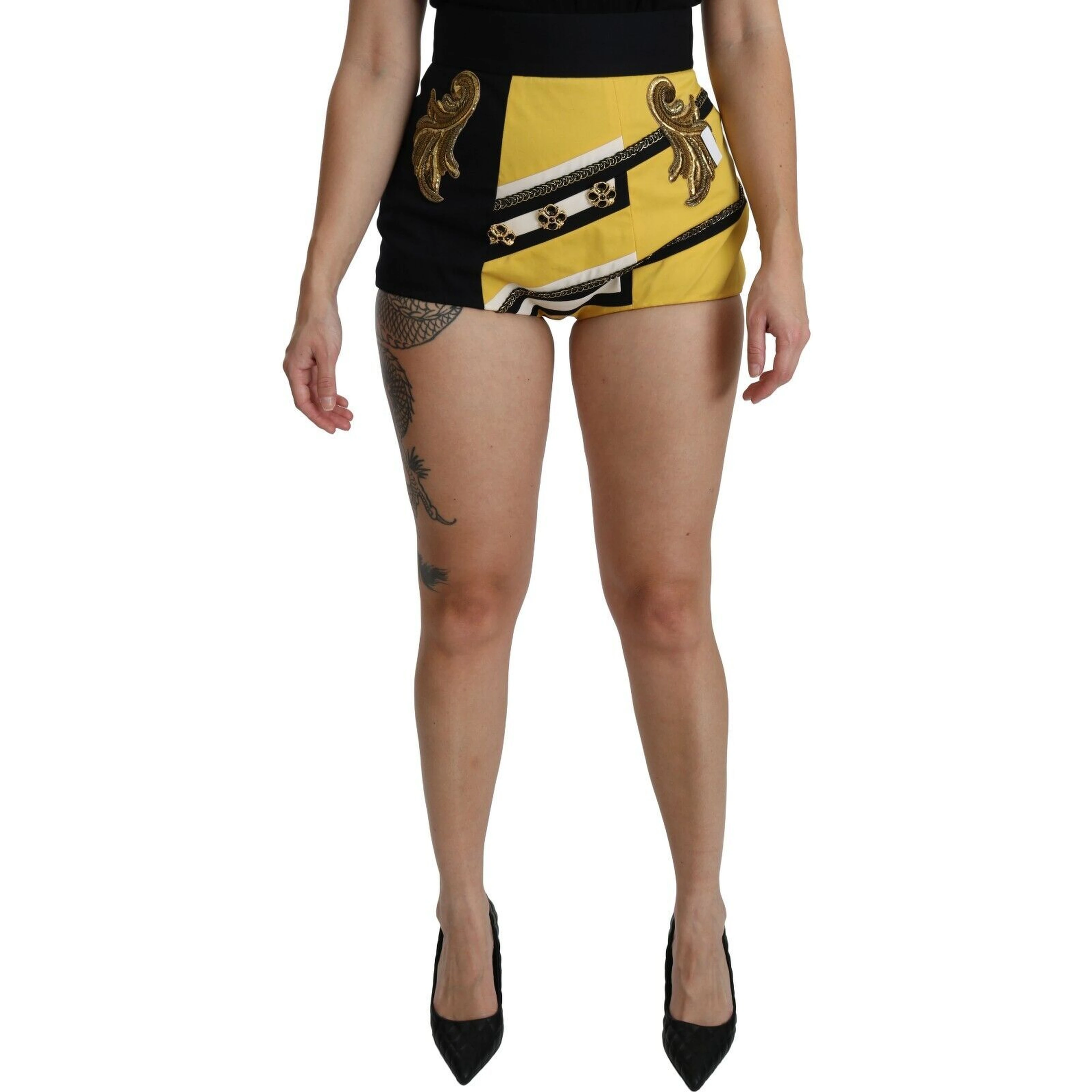 Yellow Black Cotton Jewelled Hot Pants Shorts