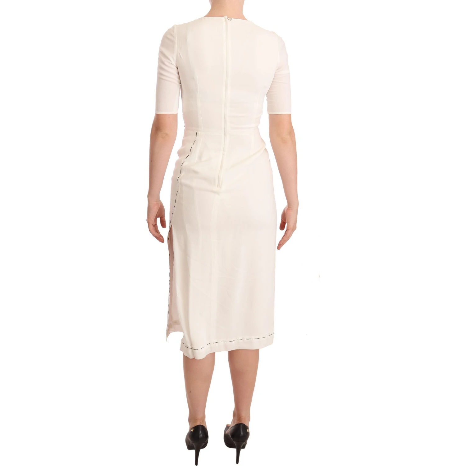 White Floral Printed Crepe Midi Slit Dress