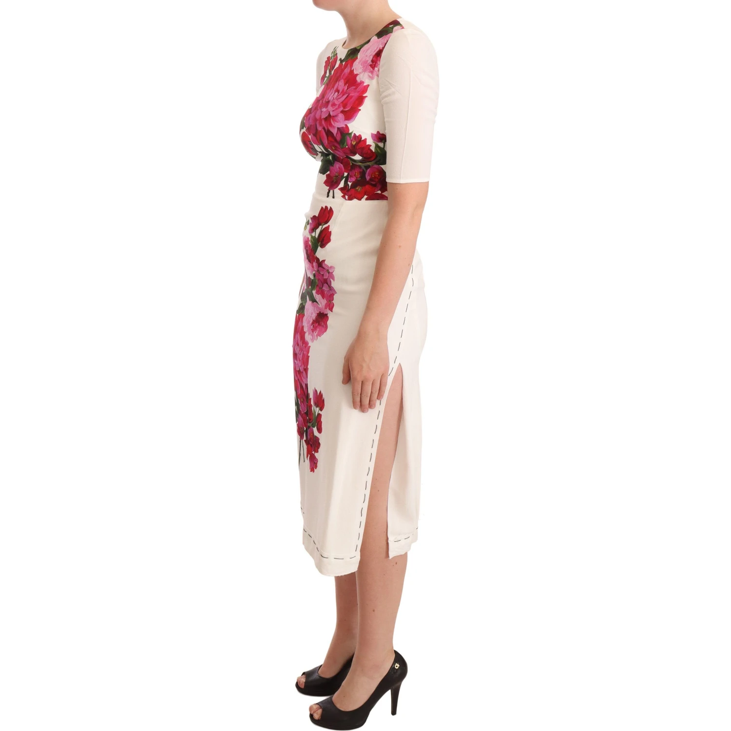 White Floral Printed Crepe Midi Slit Dress