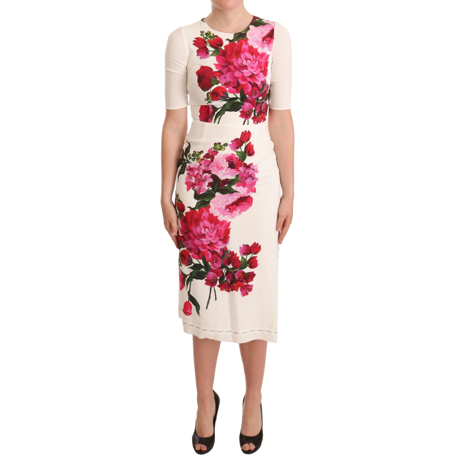 White Floral Printed Crepe Midi Slit Dress