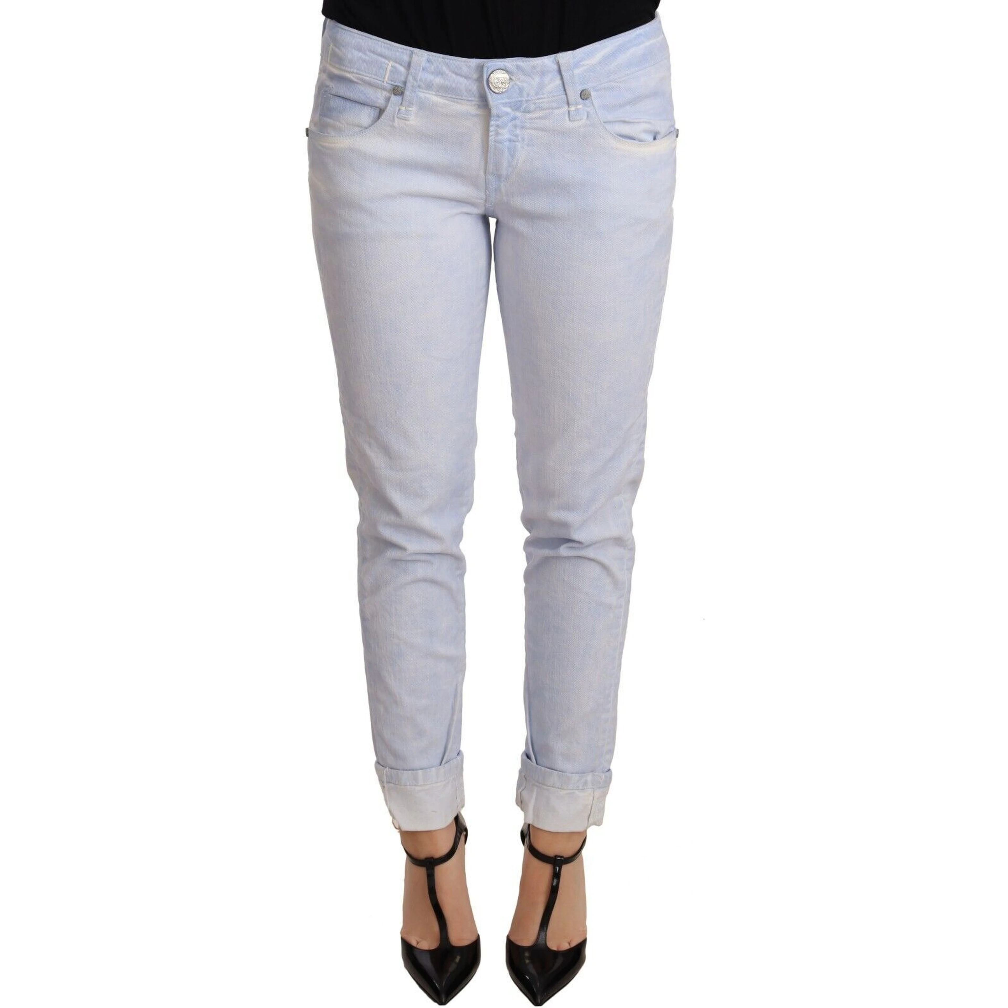 Light Blue Cotton Folded Hem Denim Skinny Women Trouser Jeans