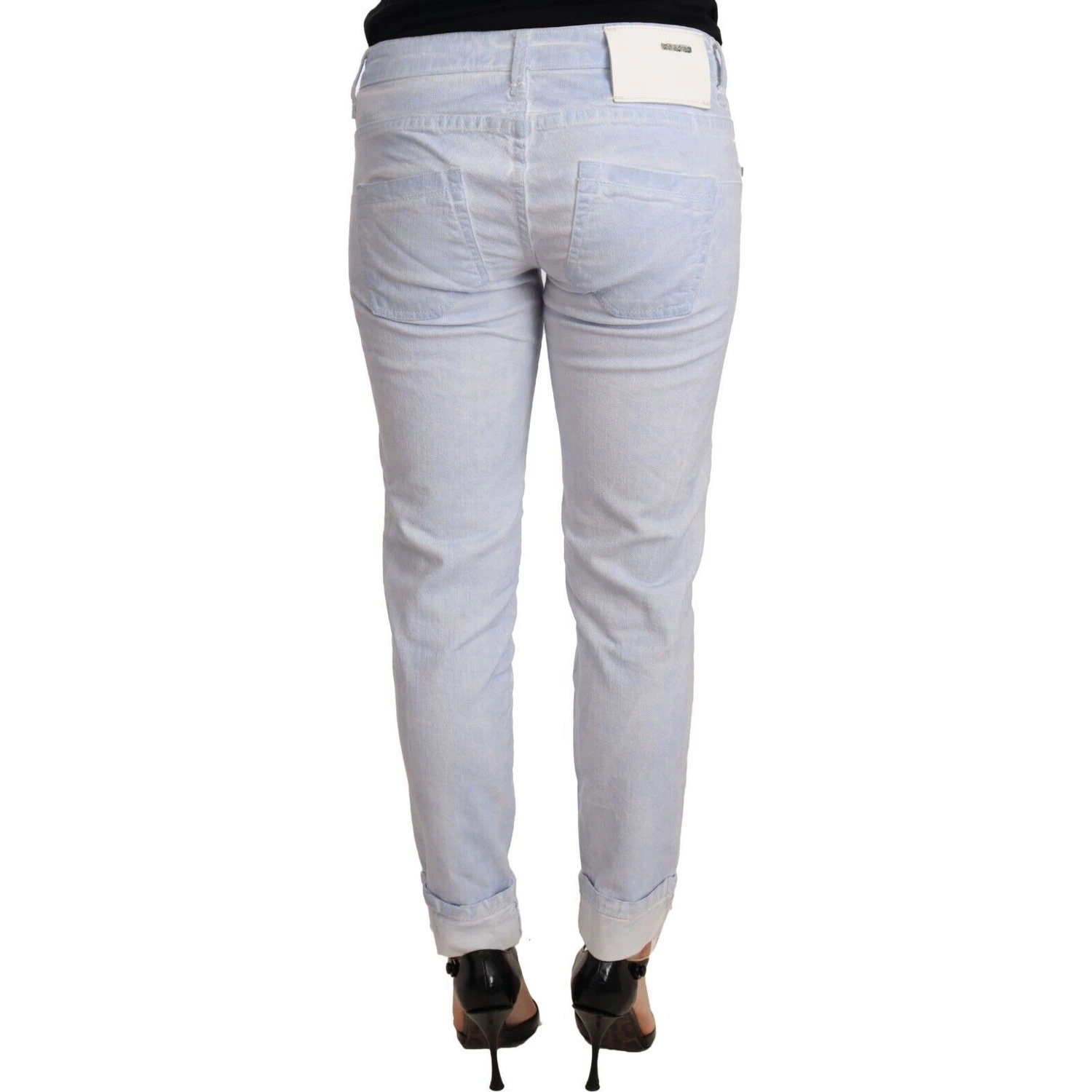 Light Blue Cotton Folded Hem Denim Skinny Women Trouser Jeans