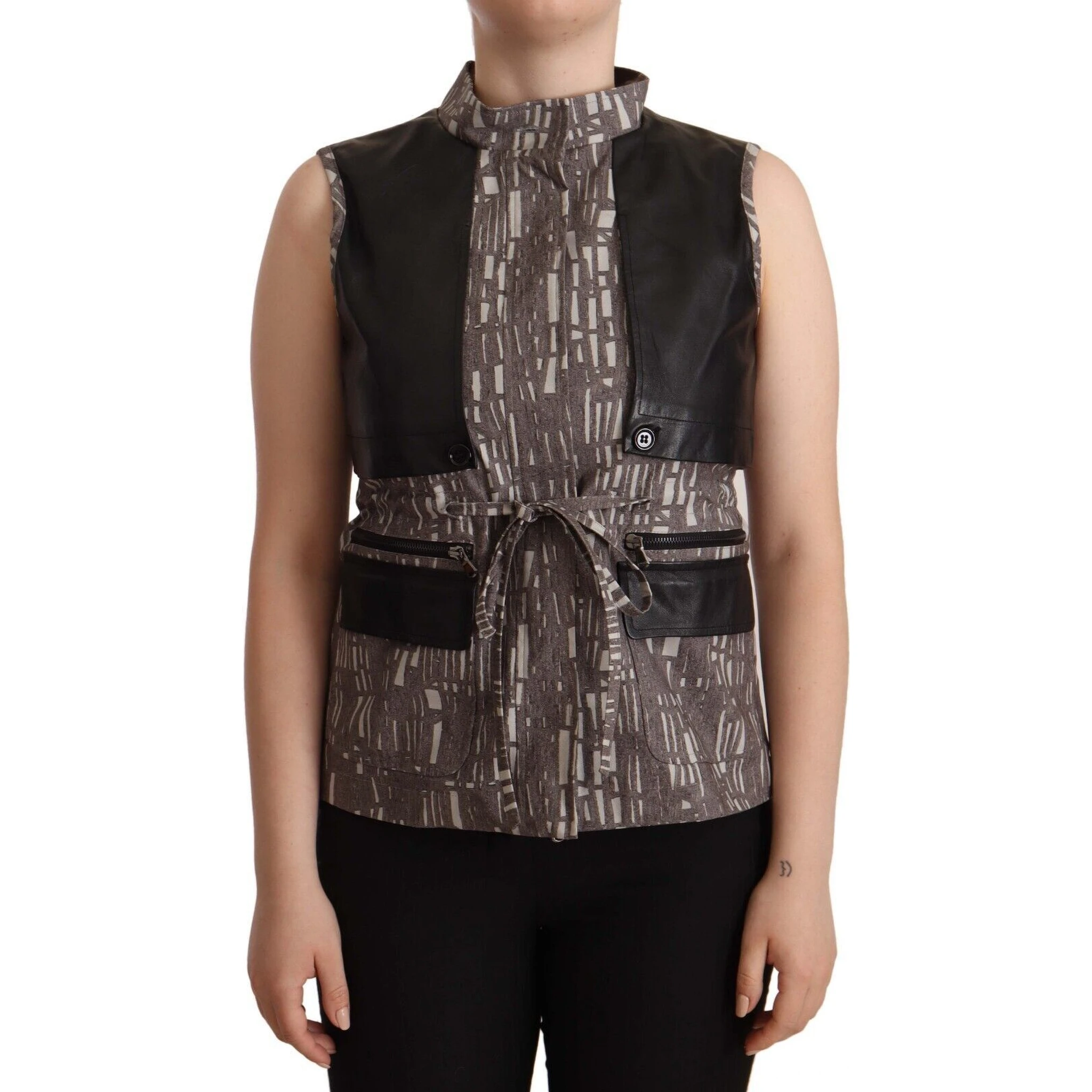 Brown Black Vest Leather Sleeveless Top Blouse