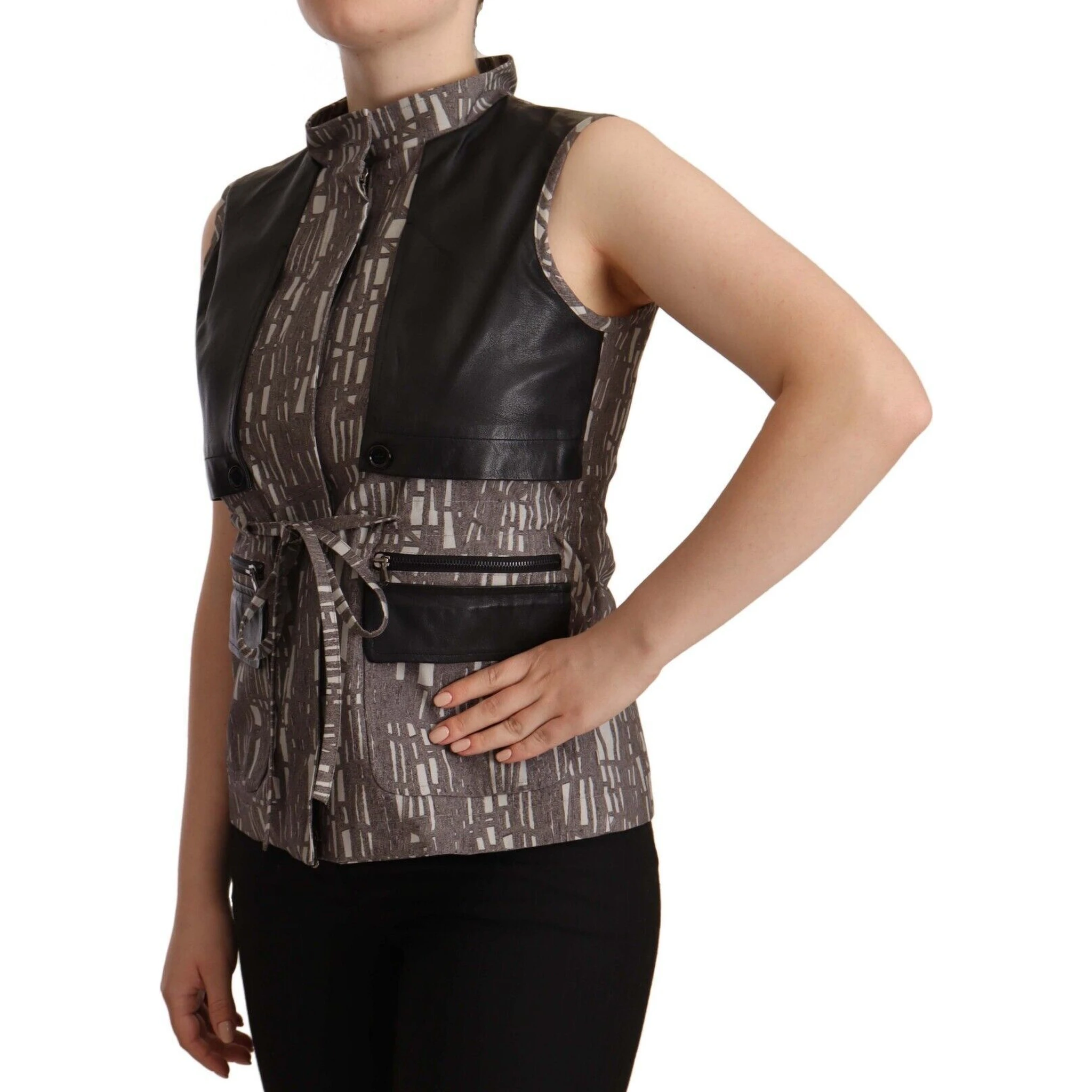 Brown Black Vest Leather Sleeveless Top Blouse