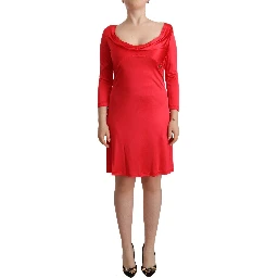 Red Viscose 3/4 Sleeves Deep Round Neck Sheath Dress
