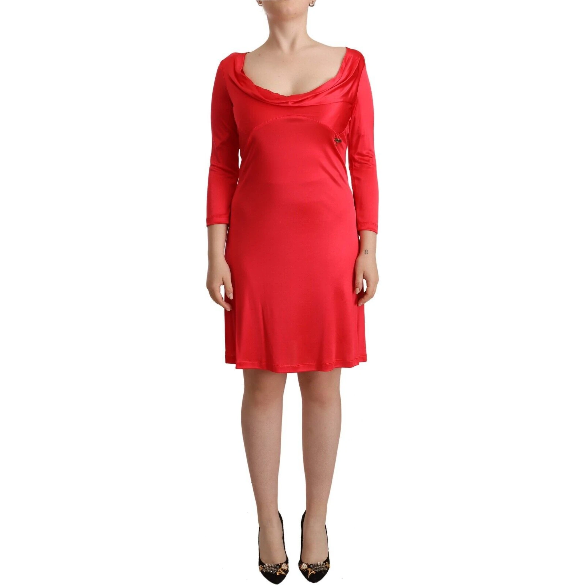 Red Viscose 3/4 Sleeves Deep Round Neck Sheath Dress