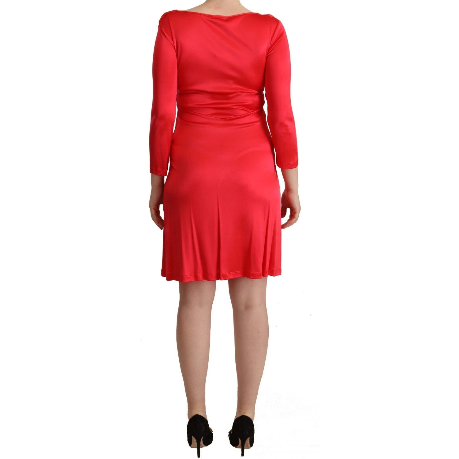 Red Viscose 3/4 Sleeves Deep Round Neck Sheath Dress