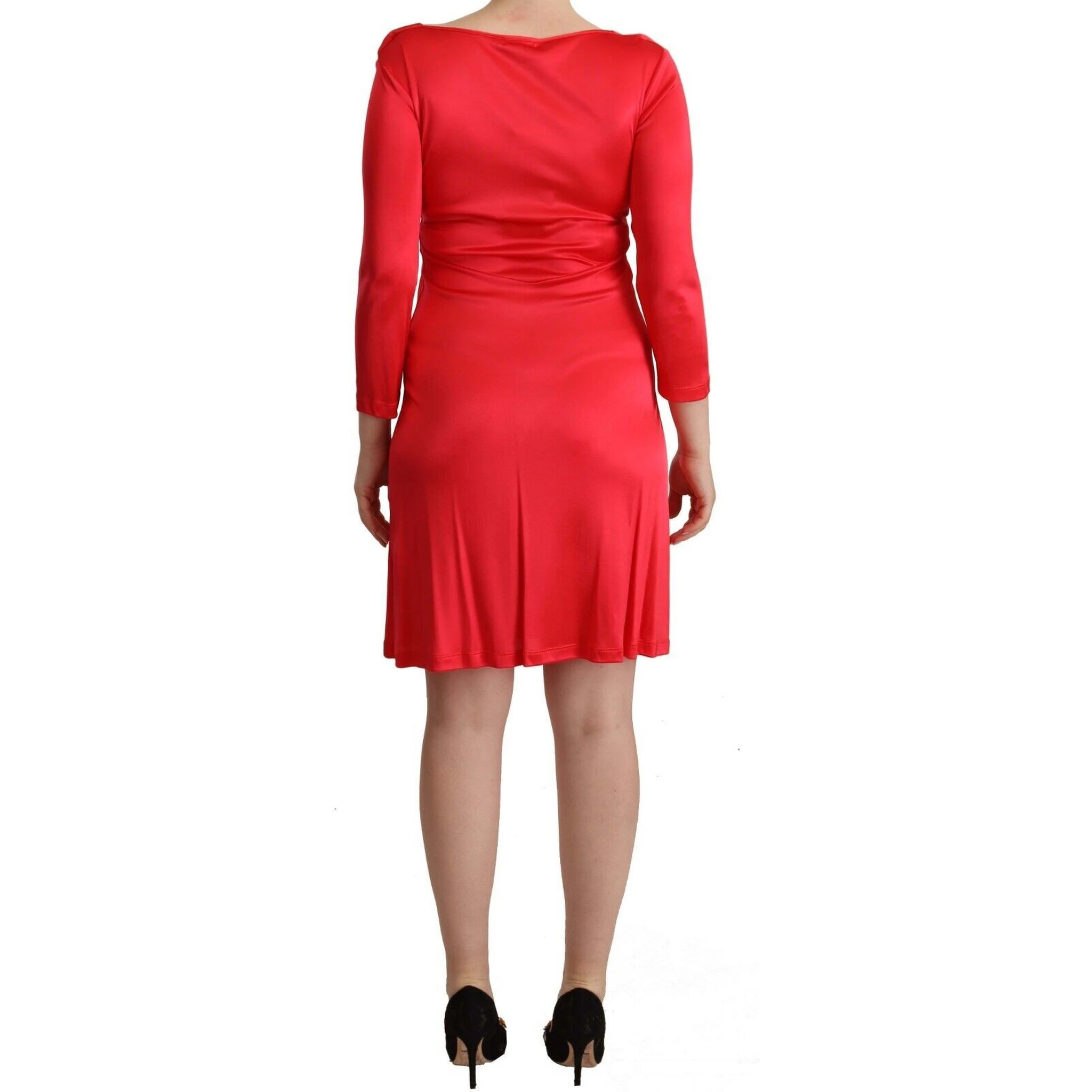 Red Viscose 3/4 Sleeves Deep Round Neck Sheath Dress