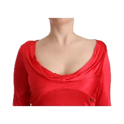 Red Viscose 3/4 Sleeves Deep Round Neck Sheath Dress