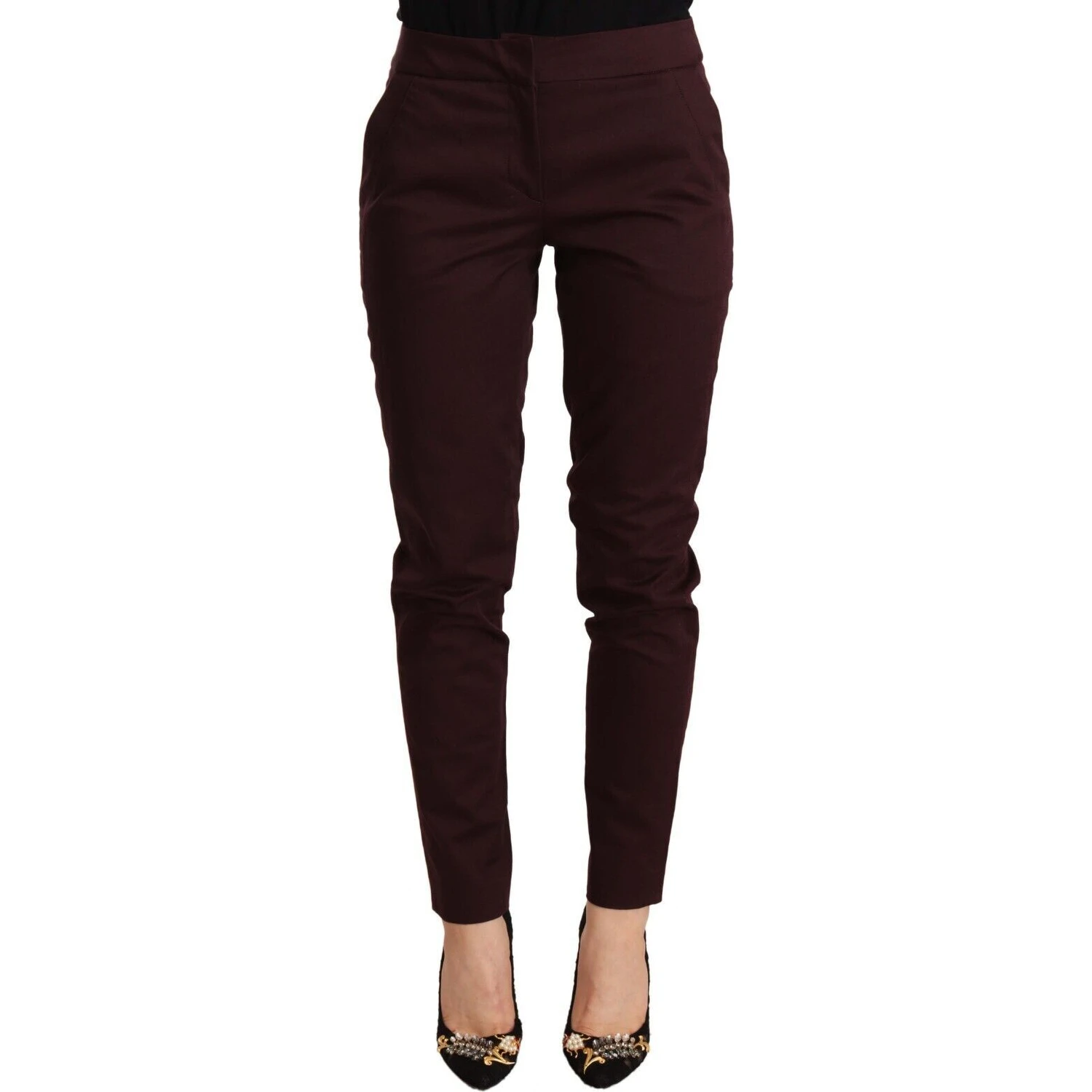 Maroon Mid Waist Skinny Women Trouser Pants