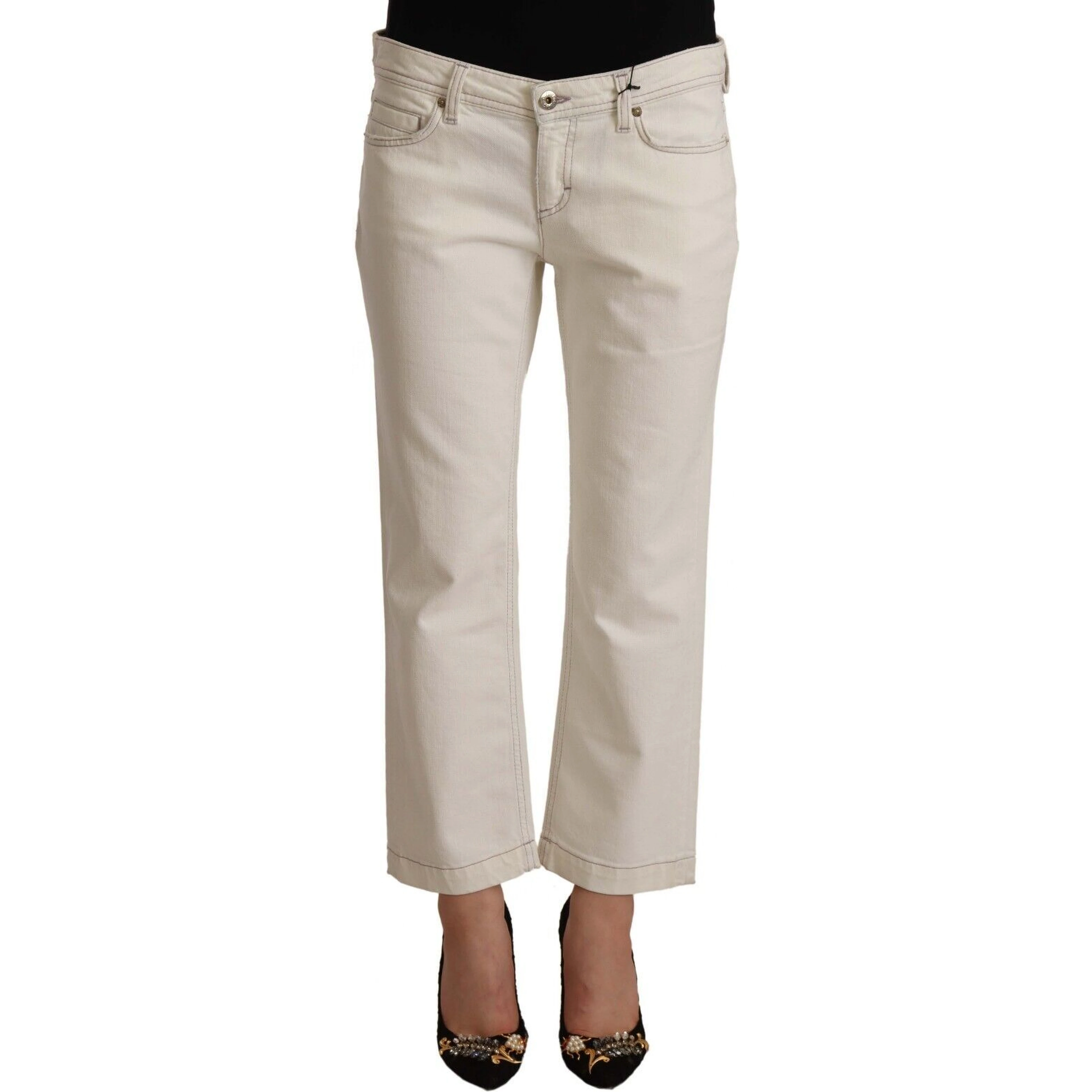 Off White Cotton Flared Cropped Denim Jeans