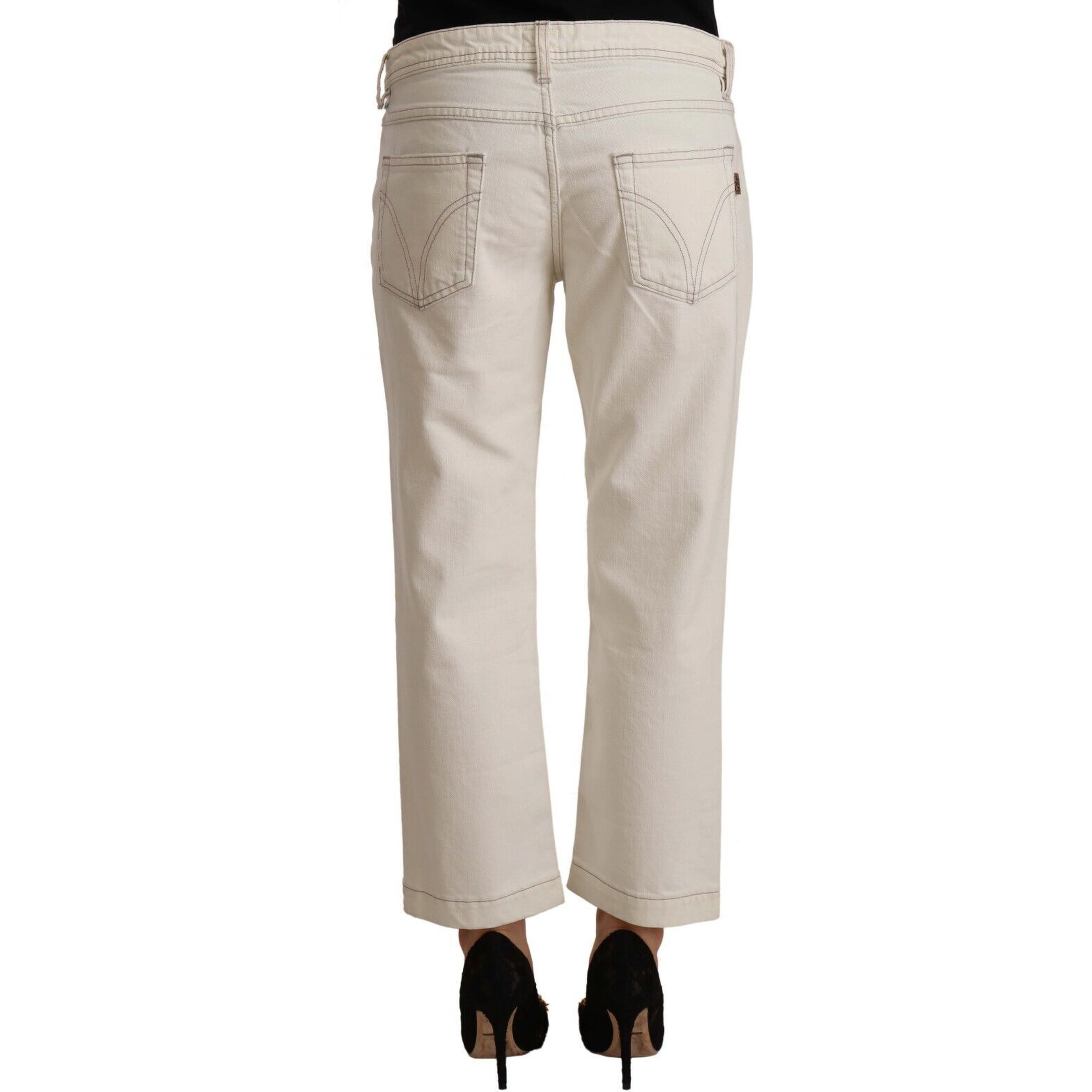Off White Cotton Flared Cropped Denim Jeans