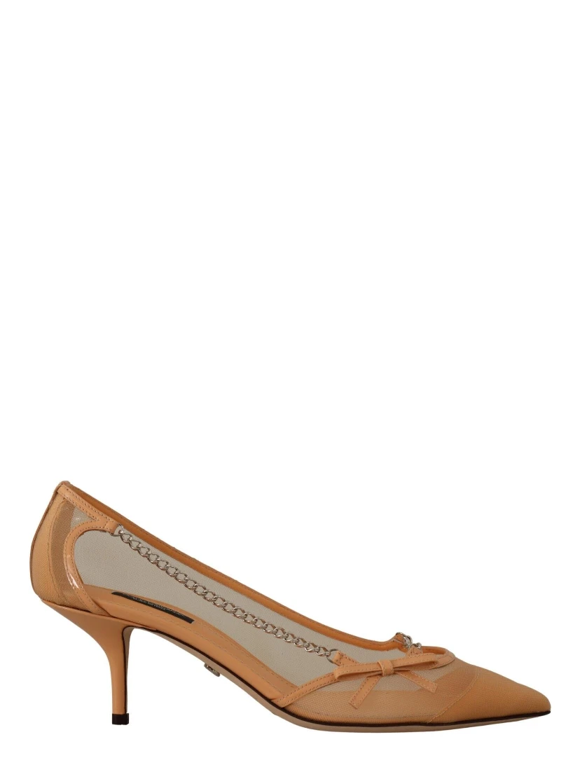 Peach Mesh Leather Chains Heels Pumps Shoes