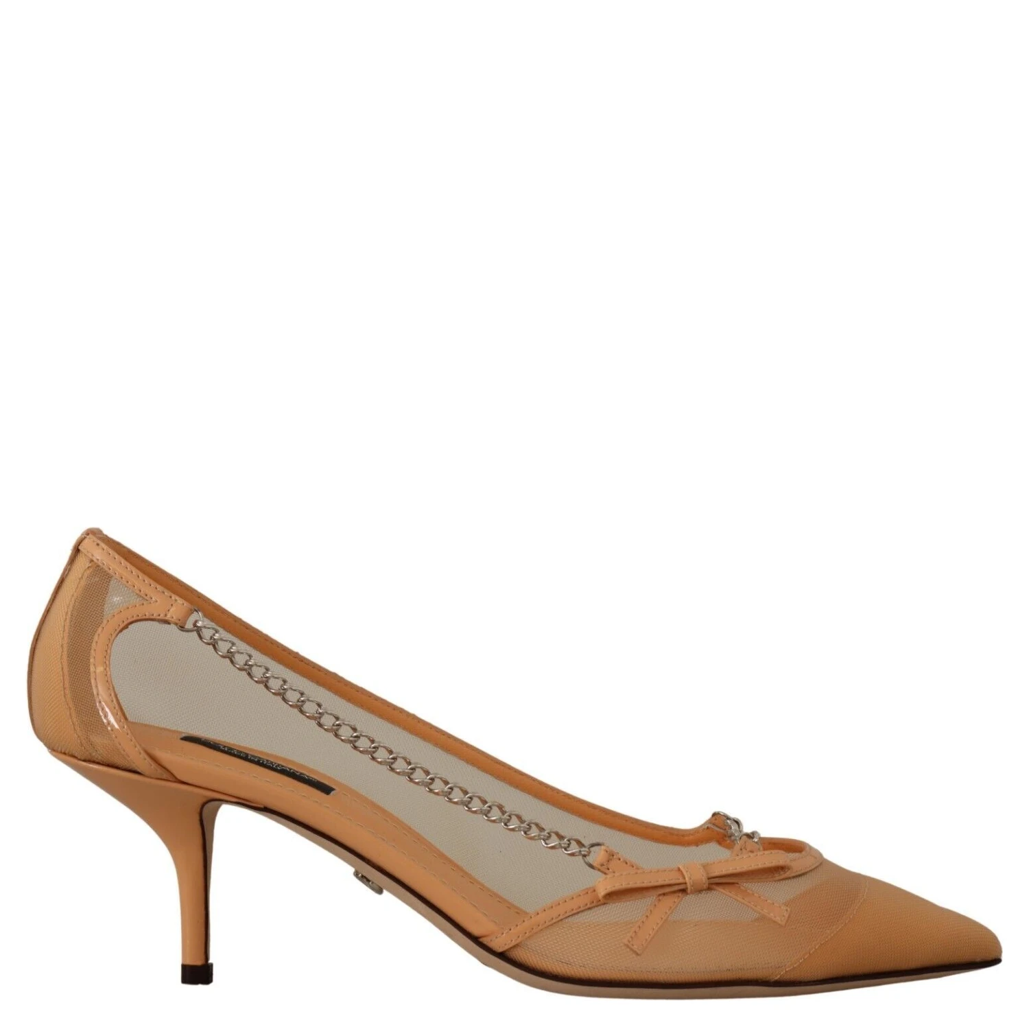 Peach Mesh Leather Chains Heels Pumps Shoes